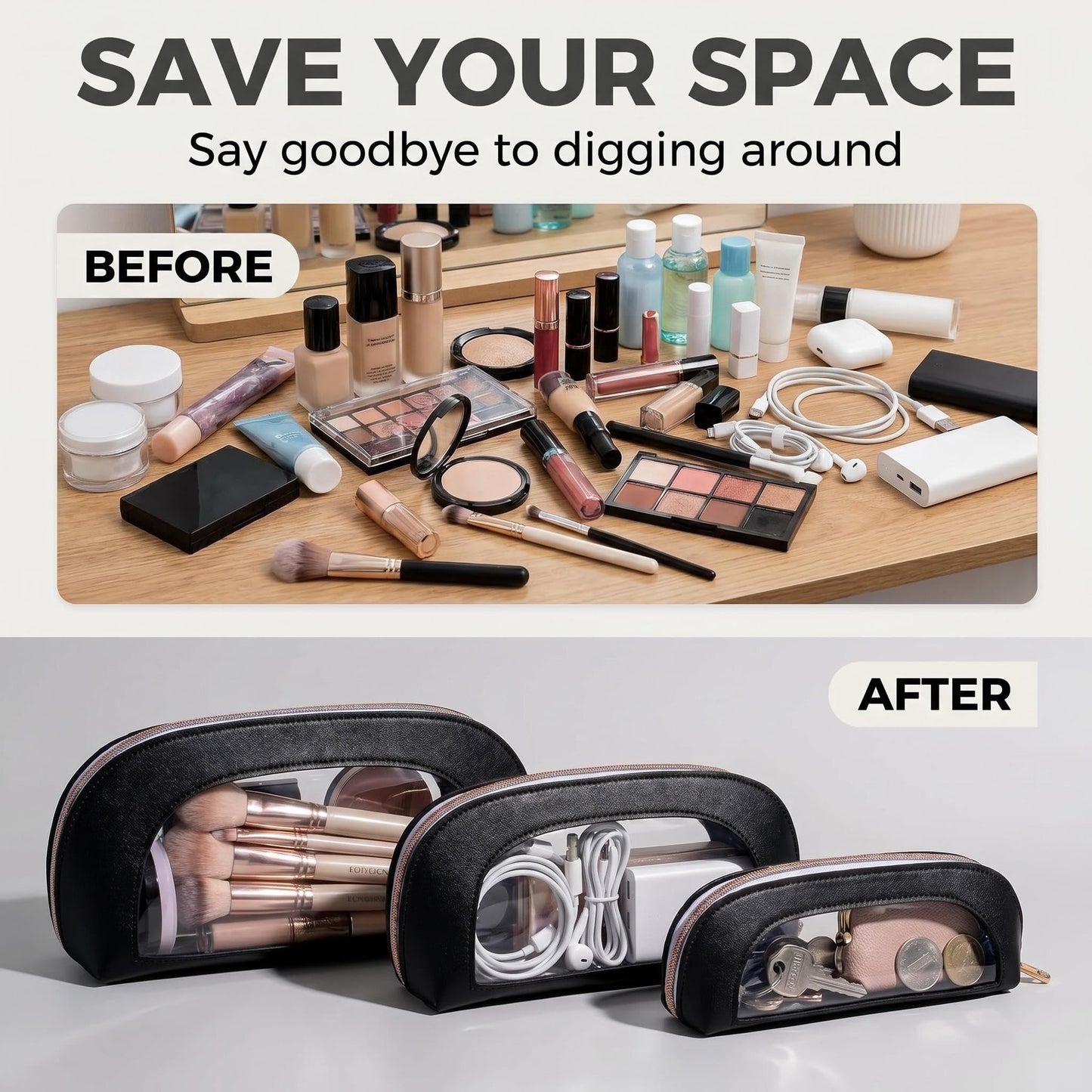 BS-MALL Makeup Bag Set Clear Travel Toiletry Organizer Pouches - Waterproof Cosmetic Bags with Zippers for Women, Toiletry Travel Kit for Vacation & Daily Use Pack of 3