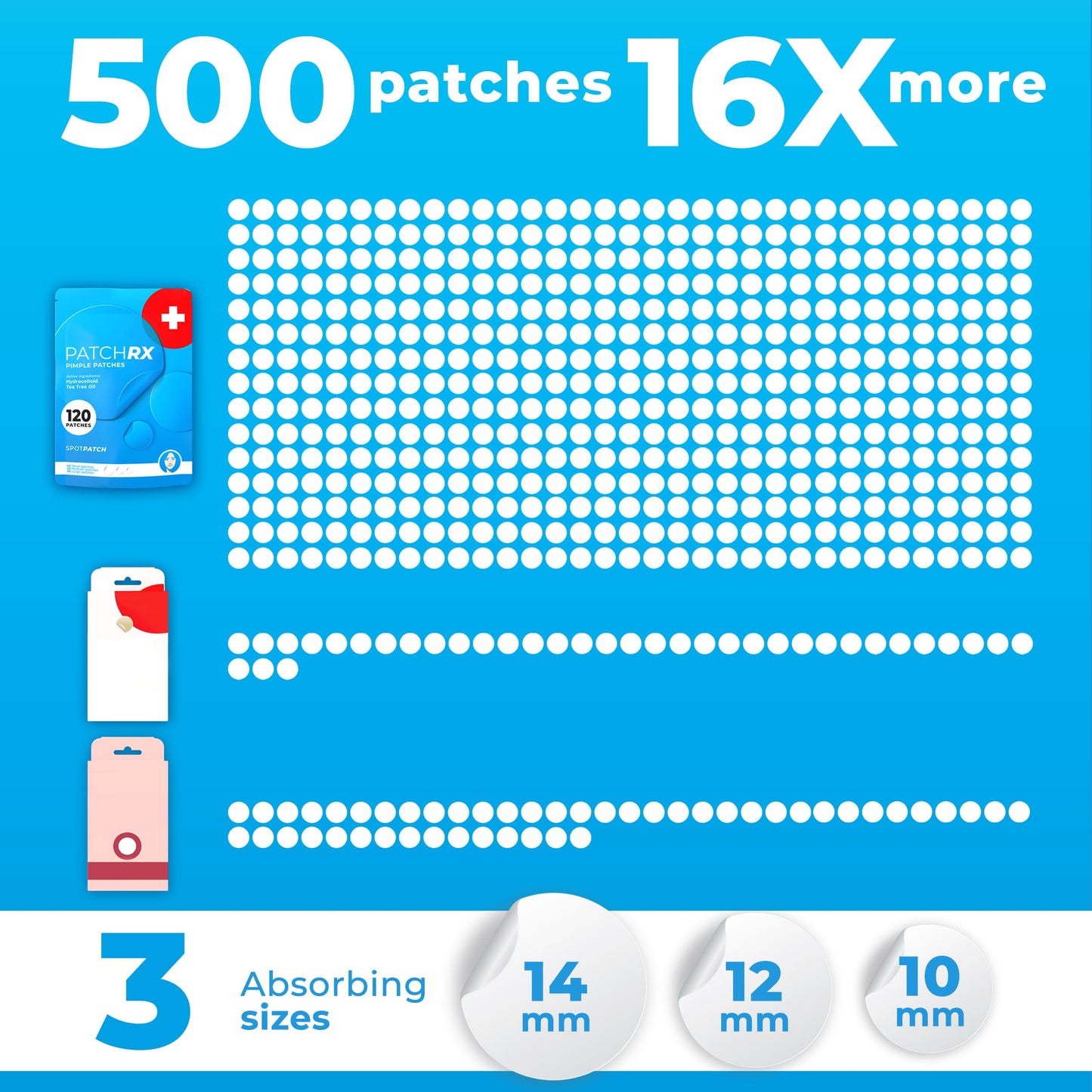 PatchRx Pimple Patches for Face (500 Patches), Hydrocolloid Acne Patches with Tea Tree Oil, Pimple Patch Pimple Stickers - Hydrocolloid Patch Acne Dots - Acne Pimple Patches For Face - Zit Patches