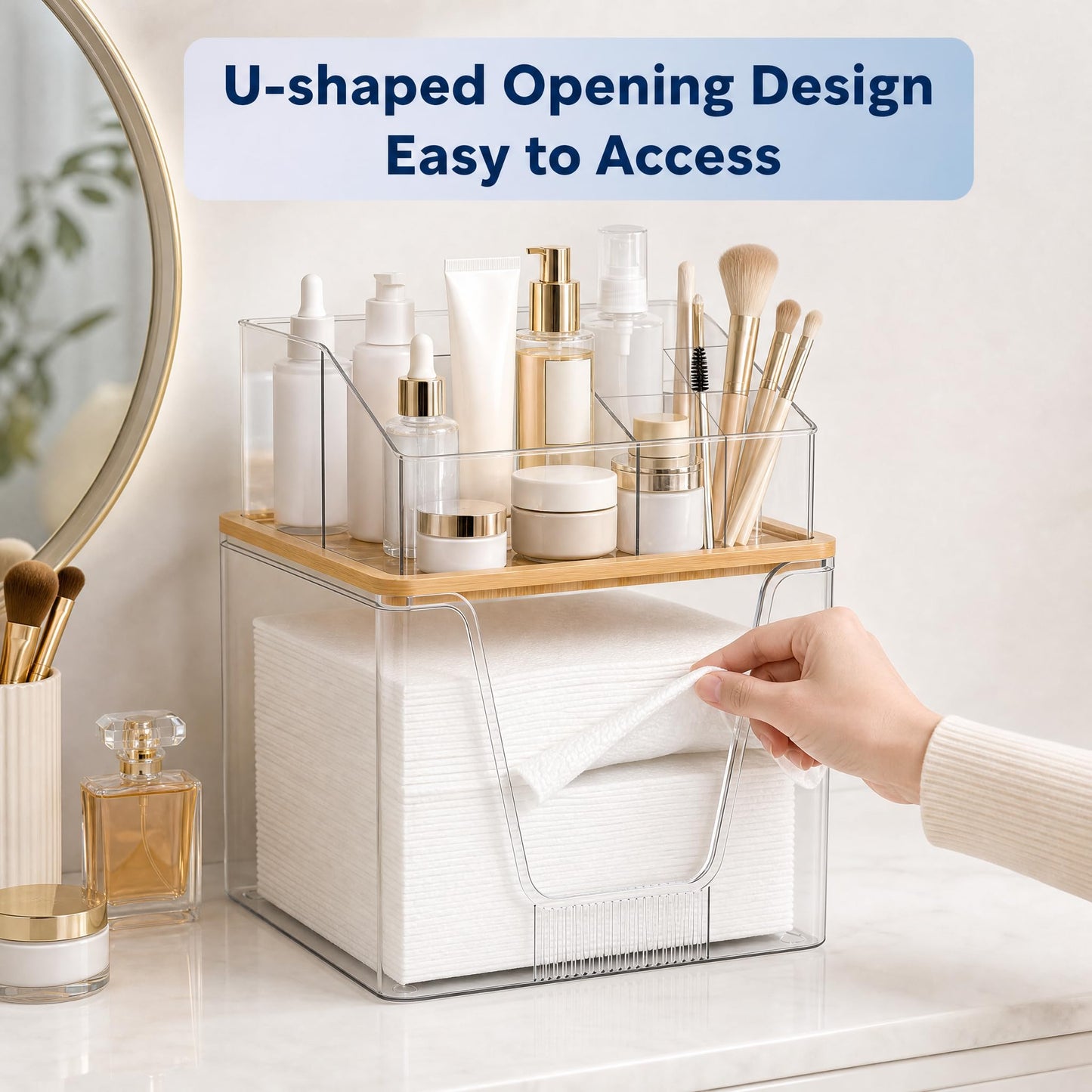 Disposable Facial Towel Holder Compatible with Clean Skin Club Face Towels XL, 2 Tier Clear Cosmetic Storage Box with Bamboo Lid, Skincare Organizers for Vanity Bathroom Countertop, 1 Pack