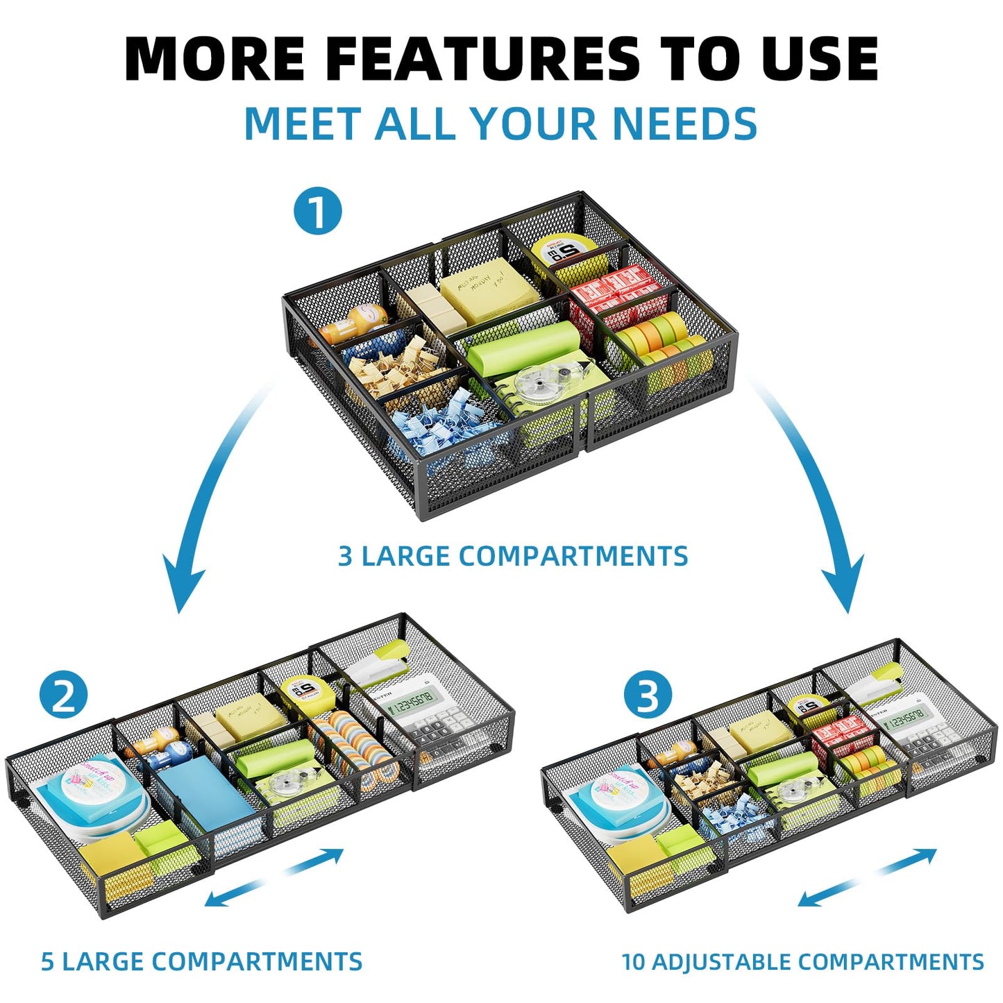 Marbrasse Expandable Desk Drawer Organizer, Mesh Drawer Organizer Tray with 10 Adjustable Compartments, Desk Organizers and Accessories for Office Supplies (Longer Expandable Drawer Organizer-B)