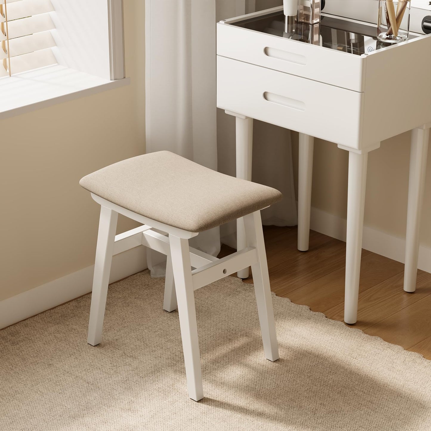Muwuele Solid Wood Vanity Stool, Compact Makeup Chair with Saddle Cushion, Linen-Covered High Rebound Sponge Seat, Easy Assembly Footstool for Bedroom, Entryway, Home, White