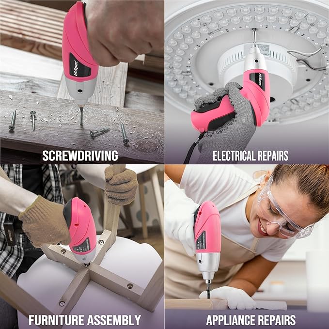 Hi-Spec Electric Screwdriver 19pc 3.6V Pink USB Small Power Screwdriver Set. Cordless & Rechargeable wtih Compact Hand Tool Box Set