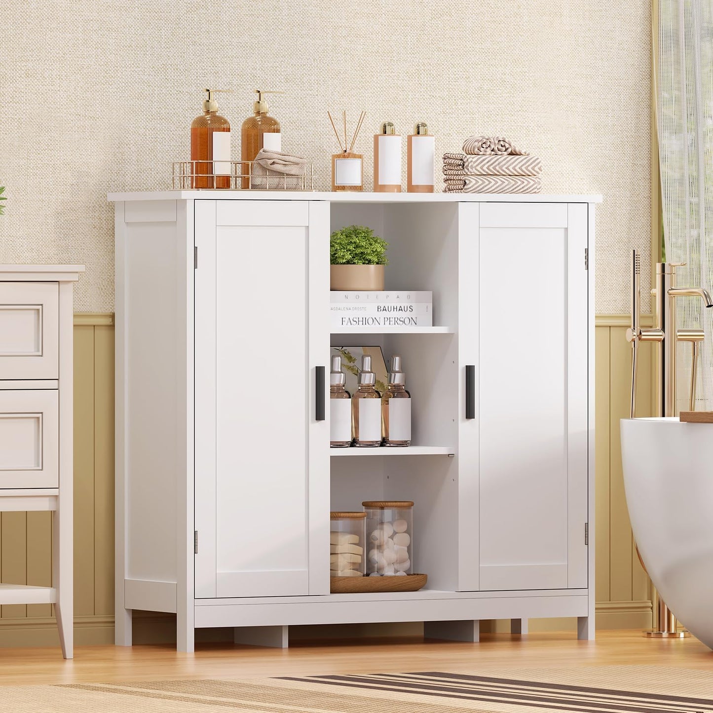 Iwell Storage Cabinet with 2 Doors and 4 Storage Shelves, Buffet Cabinet, Bathroom Cabinet for Living Room, Entryway, Home Office, White