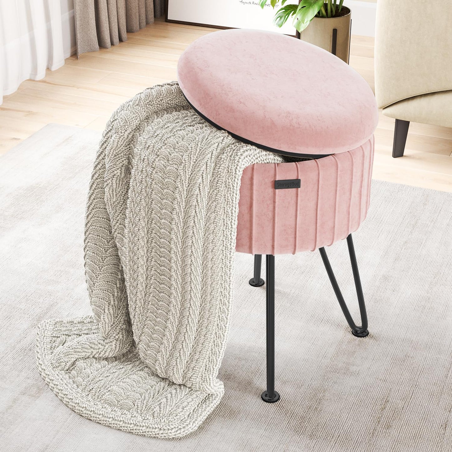 STORAGEBUD Round Ottoman with Storage, Pleated Velvet Storage Ottoman, Foot Stool Ottomans, Makeup Vanity Stool, Small Ottomans Foot Rest, Modern Vanity Stools for Living Room and Bedroom, Pink