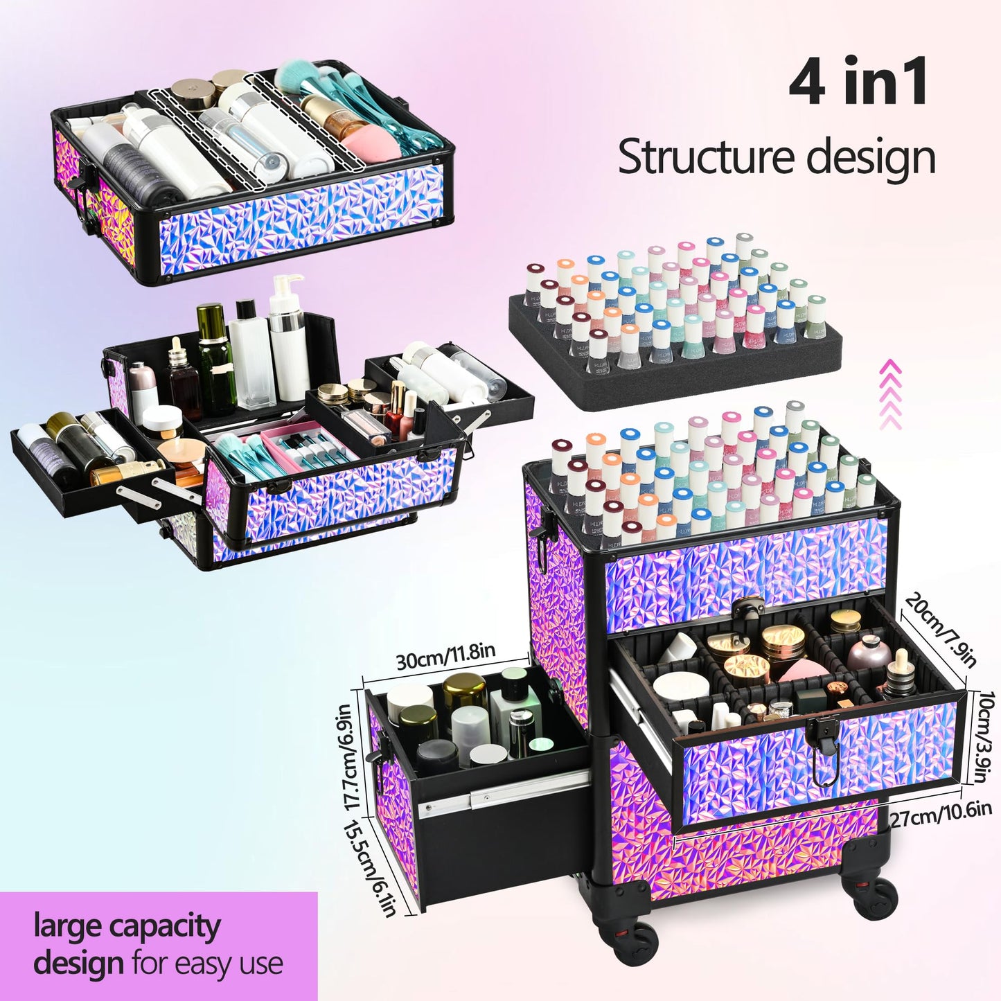 GALHUBIS Makeup Train Case with Drawer, Rolling Makeup Case, Cosmetology Case on Wheels, Gift, Large Makeup Case Organizers, Professional for Salon Barber, Nail, Tattoo, Black Colourful