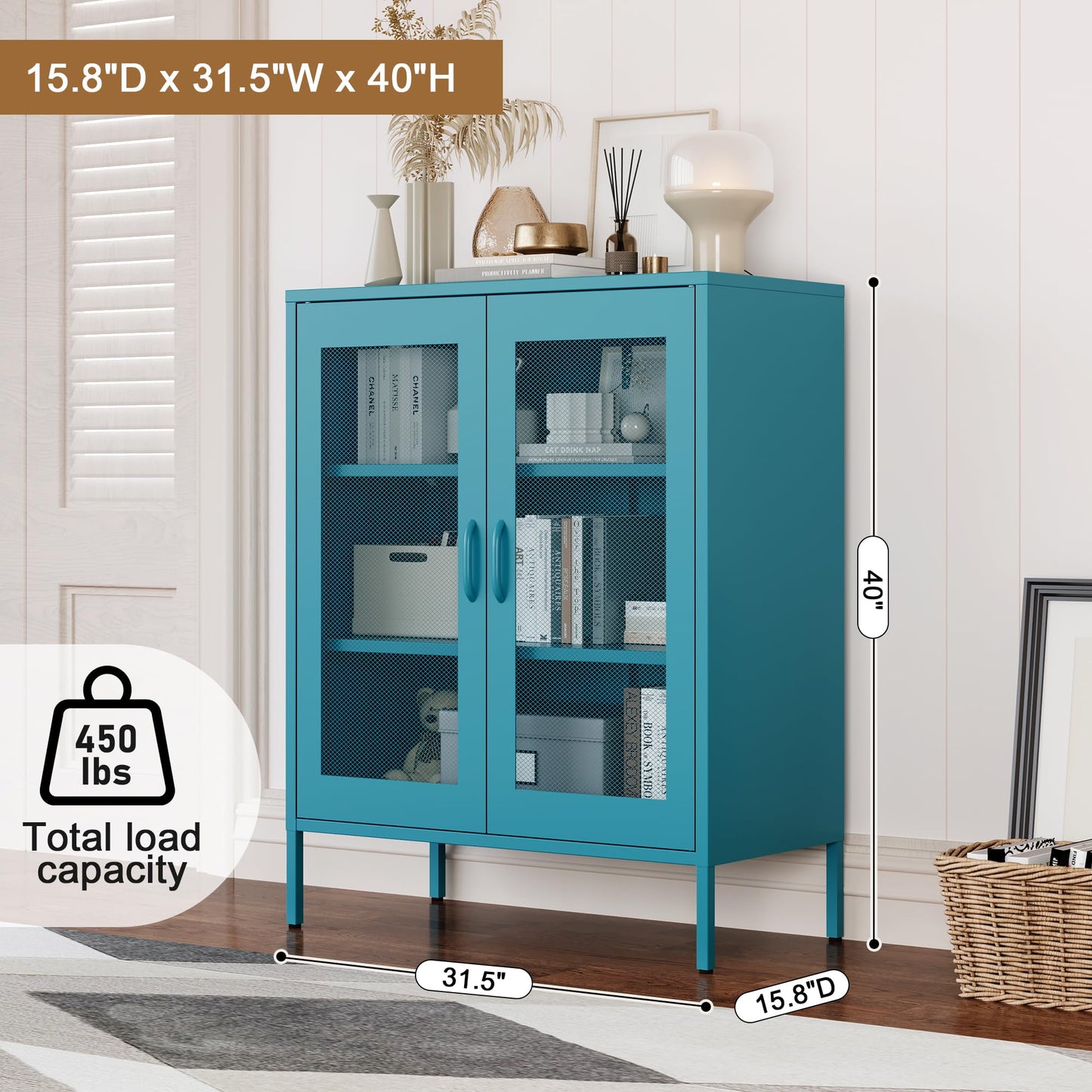 Chshin Metal Locker Storage Cabinet with 2 Mesh Doors and Adjustable Shelves,Blue Metal Locker Cabinets,Coffee Bar Cabinet,Kitchen Pantry Storage Cabinets for Home,Sideboard,Office(40" H)