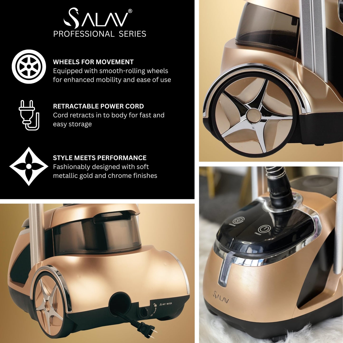 SALAV Limited Edition Professional Series Dual Bar Garment Steamer with Foot Pedals, Stainless Steel Steam Plate, Retractable Power Cord, 1.8L (60.8 oz) Water Tank, 1500 watts, 60+mins of Steam