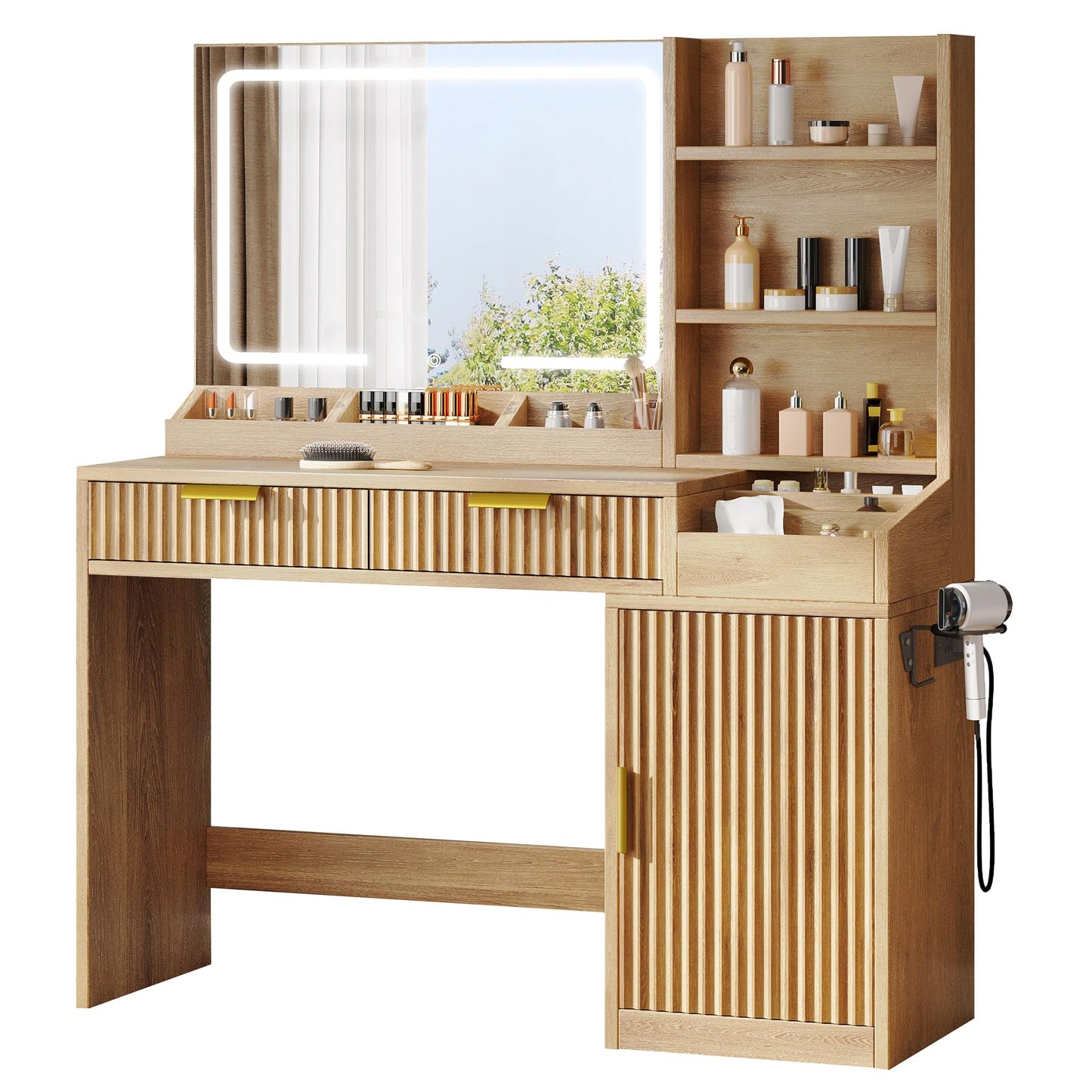 YITAHOME Large Makeup Vanity Desk with Mirror and Lights, Fluted Vanity Table with 2 Drawers & Adjustable Shelves, Makeup Mirror in 3 Modes Lighting, Dressing Table Set w/Charging Station, Oak
