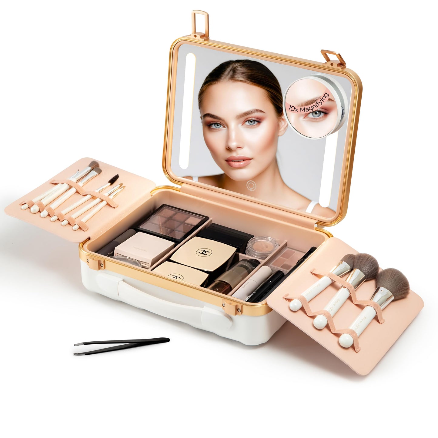 NJ GLAM Lighted Makeup Case with Mirror + 10x Mini Mirror - Portable, 3 LED Modes, Adjustable Dividers I Travel Makeup Train Case & Organizer I USB Rechargeable I (White)