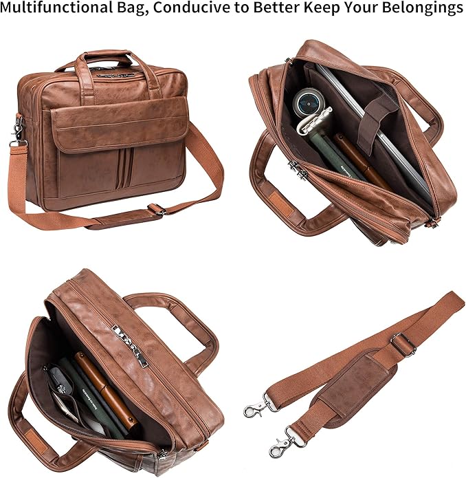 seyfocnia Men's Business Travel Briefcase Leather Handmade Messenger Bags Laptop Bag