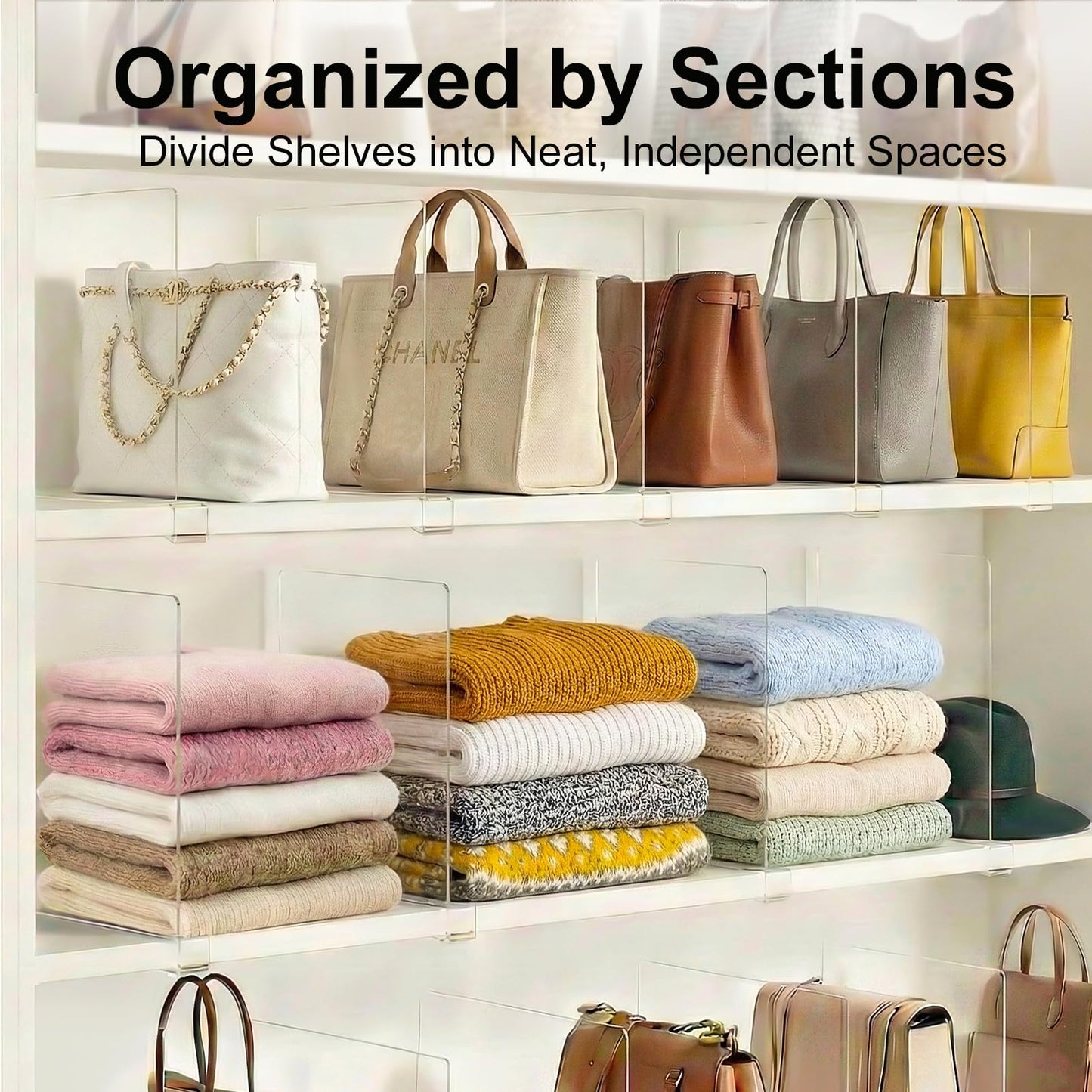 Saccik Purse Organizer for Closet Shelf Dividers: 11-inch Tall(Higher Version) Adjustable Clear Acrylic Bag Storage Organizer for Handbags, Sweaters, Towels, Jeans and Shoes on Wood Shelves 6-Pack