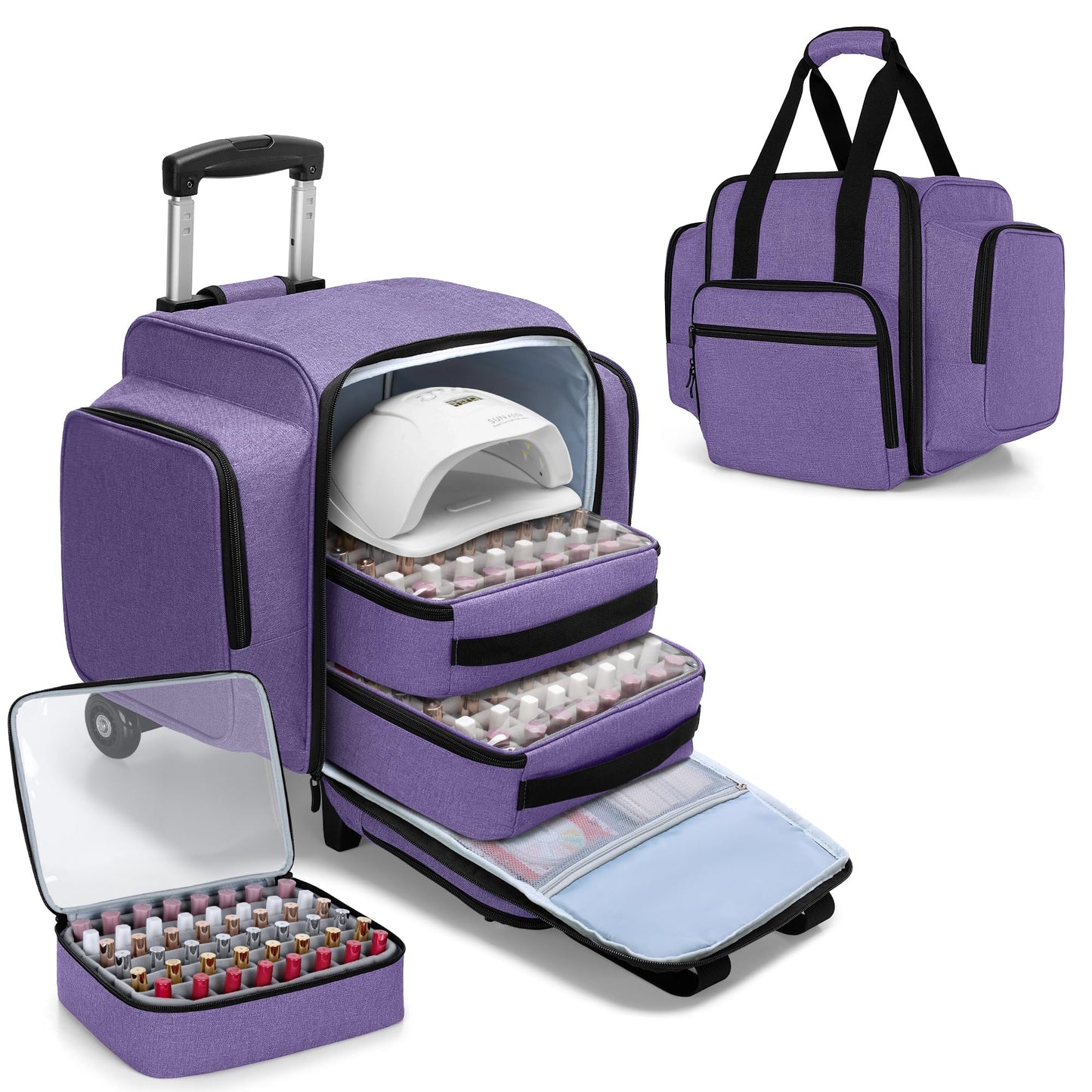 BAFASO Rolling Nail Polish Organizer Holds 144 Bottles, Nail Polish Case with a Detachable Dolly and 3 Removable Cases (Patented Design), Purple