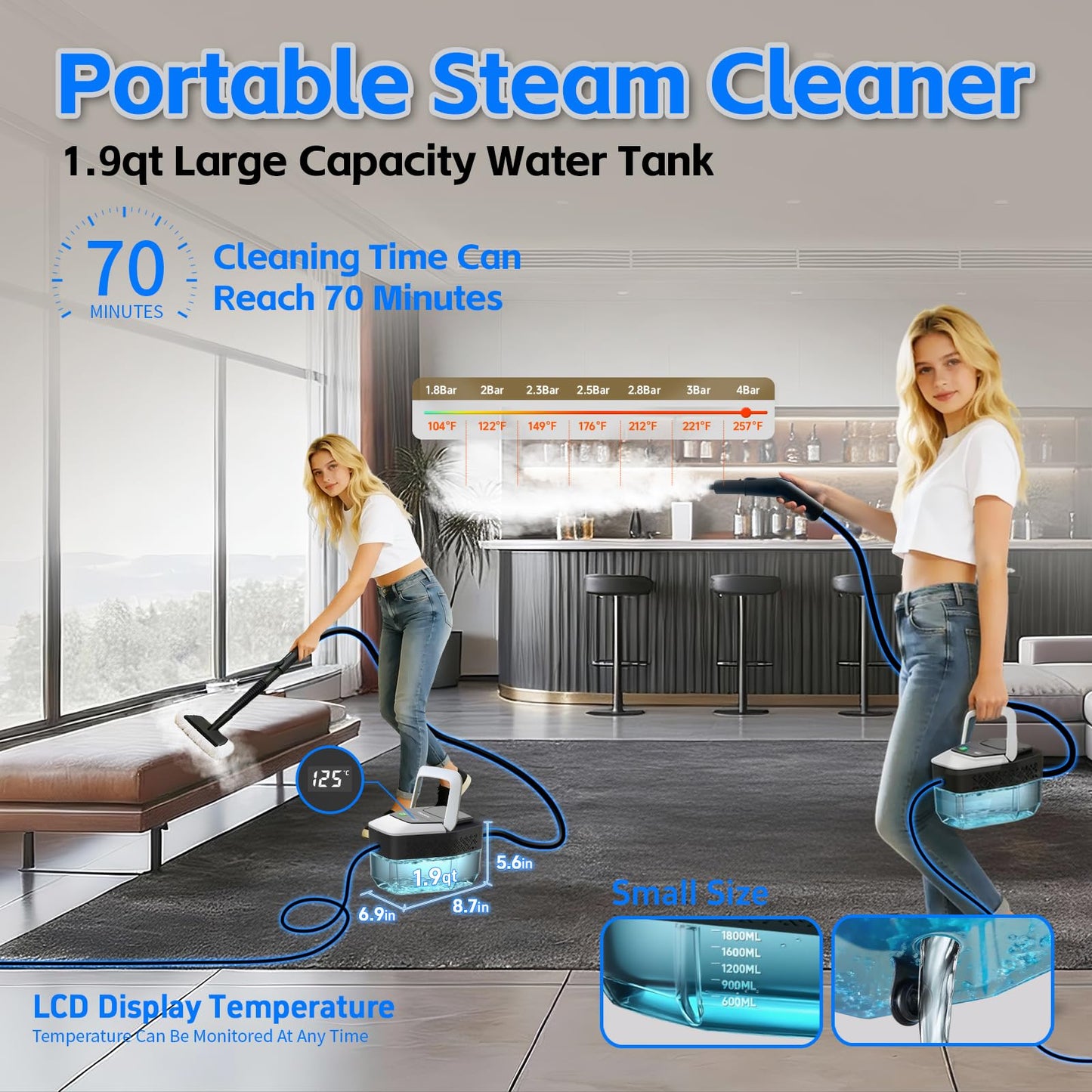 opbodqo Steam Cleaner for Home(True High Temperature257℉),3-Levels Adjustable Hand held Steamer for Cleaning,1.9 Quart Steam Cleaner for Car,2500W Handheld Steam Cleaner Grease,Dirt,Tile Furniture