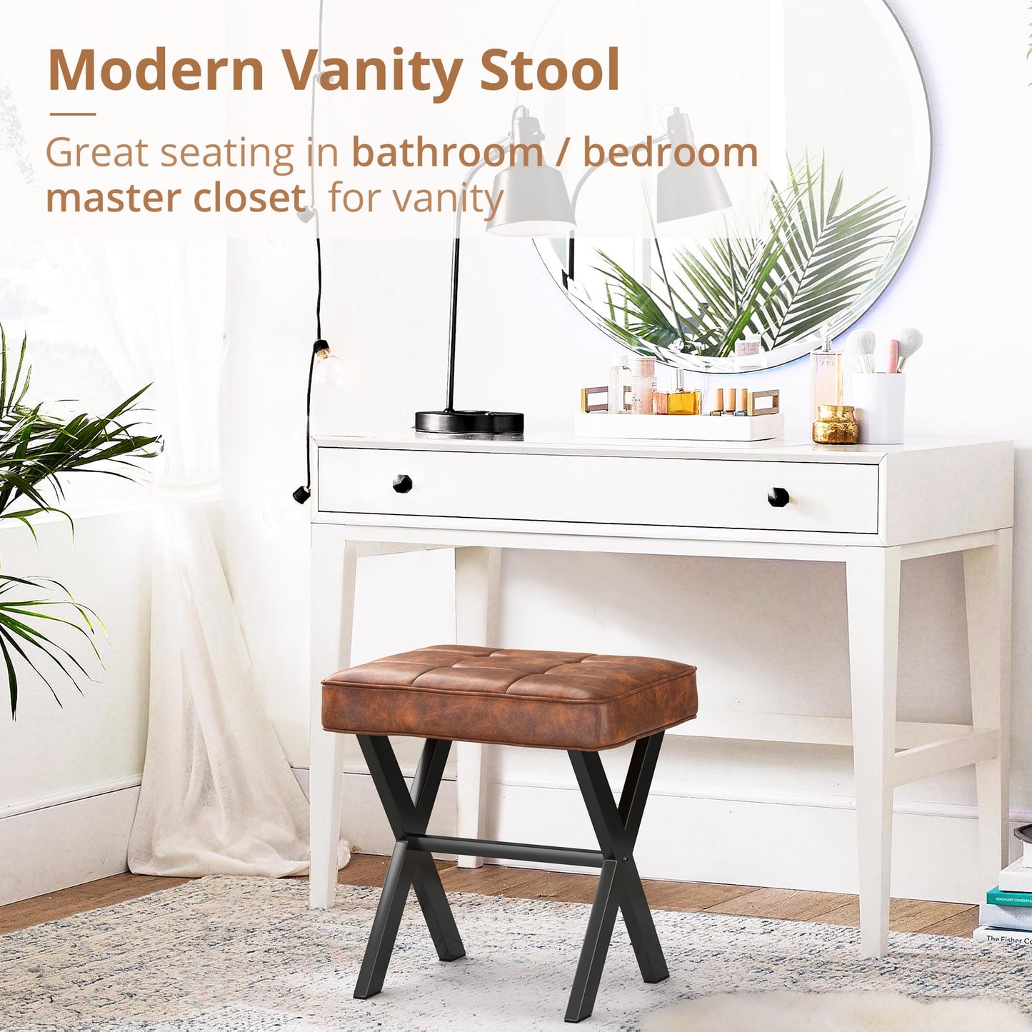 LUE BONA Vanity Stool, Square Faux Leather Makeup Stool with Metal X Legs, Small Ottoman Stool Chair for Vanity, Modern Padded Vanity Seat Foot Rest Stool for Makeup Room, Living Room, Reddish Brown