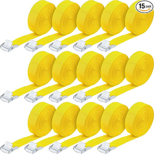 Riakrum 15 Pack 16 Feet Lashing Straps Adjustable Kayaks Tie Down Cam Buckle Straps with Buckles up to 250lbs for Cargo, Luggage, Motorcycles, Truck, Car Roof Rack, Sup Surfboard(Yellow)
