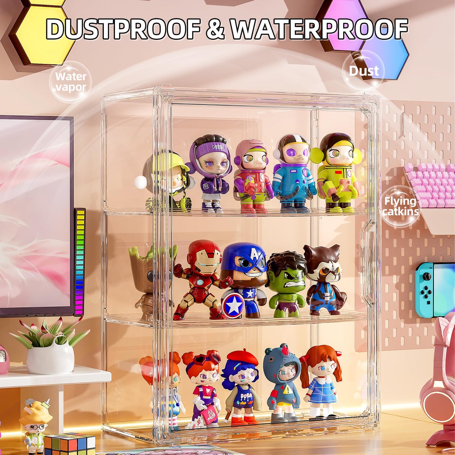MSHOMELY Clear 3 Tiers Acrylic Display Case for Figures Collectibles 1 Pack Wall Mounted Hobby Figurine Display Case with Shelves, Display Shelf Storage Box for Action Figures, Car Model