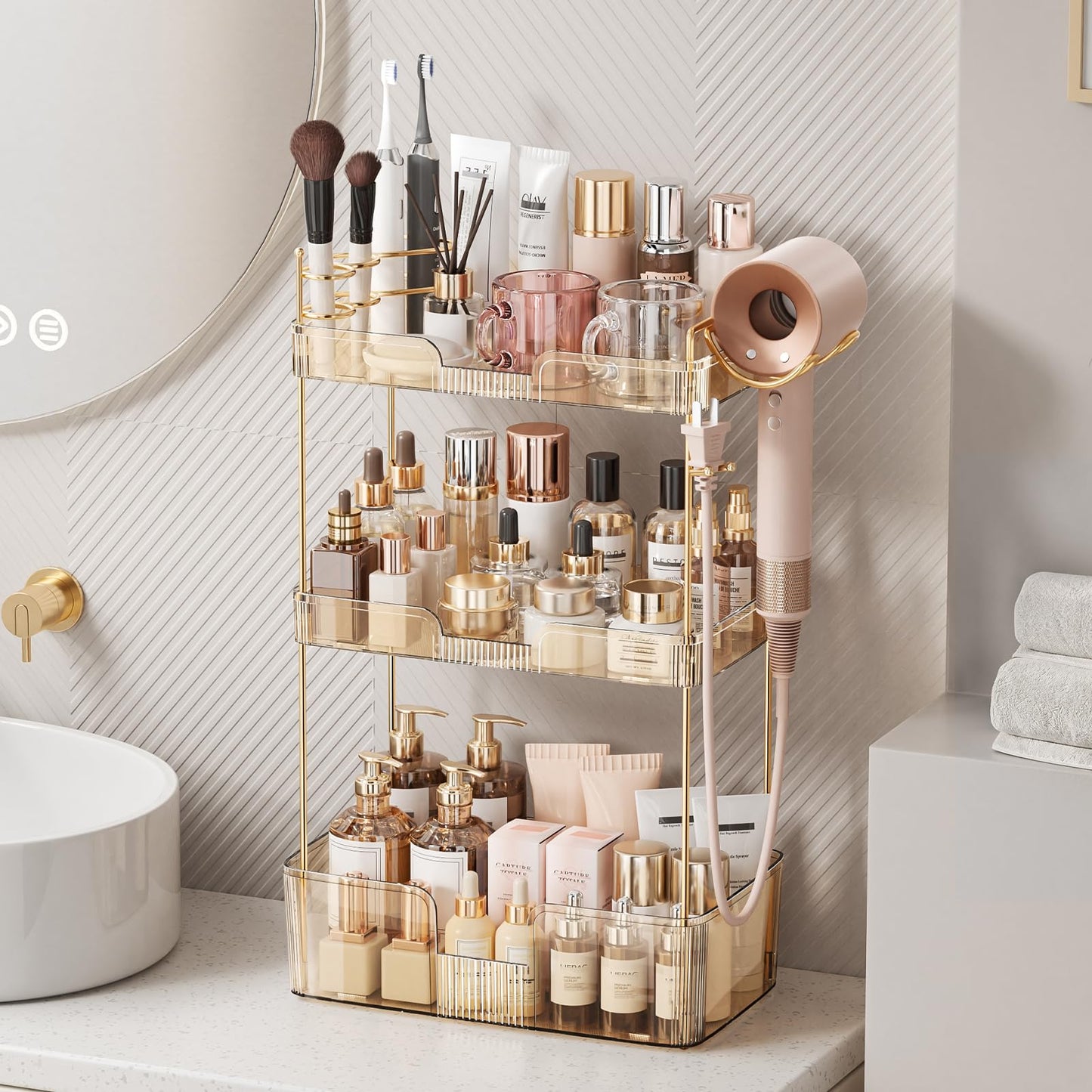 Weidace Bathroom Counter Organizer for Vanity, Makeup Organizer Countertop with Holder, Large Capacity Storage Rack, Perfect Large Skincare, Hair Care, Perfume, Easy to Install (Gold, 3Tiers)