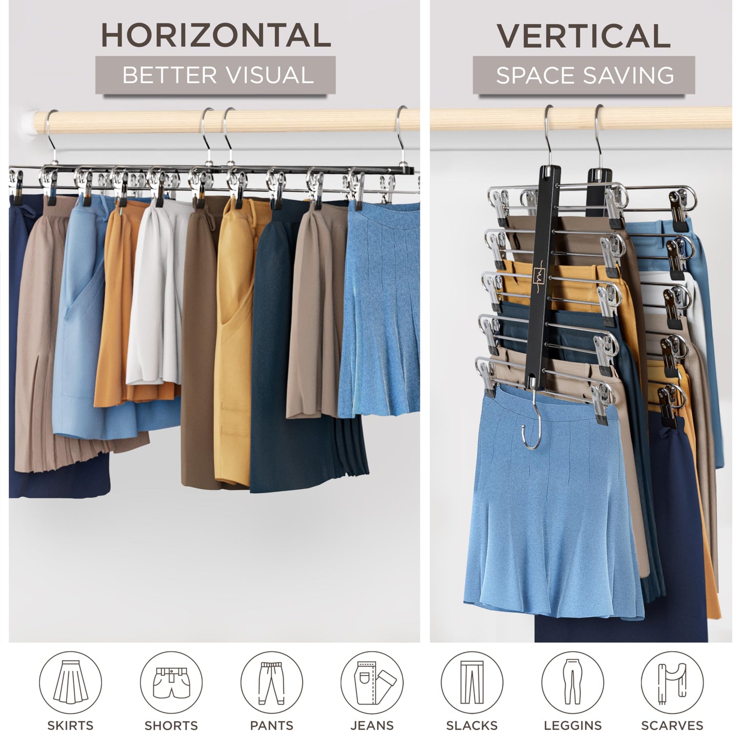 MORALVE Skirt Hangers Space Saving with Clips - 2 Pack - European Beechwood 5-Tier Hanger for Shorts, Skirts, and Pants - Closet Organizer and Storage Solution for Women with 360° Swivel Hook
