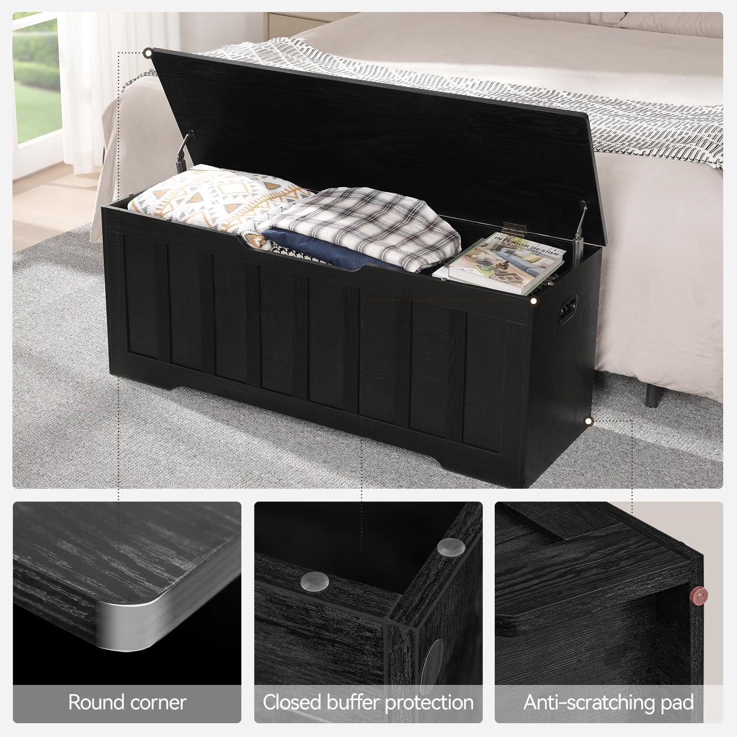 VANKILEY 47.2" Storage Chest Extra Large,Storage Trunk with 2 Safety Hinges,Wooden Storage Bench,Shoe Bench,47.2x15.7x19.1 Inch,Easy Assembly,Storage Bench for Bedroom,Living Room,entryway(Black).