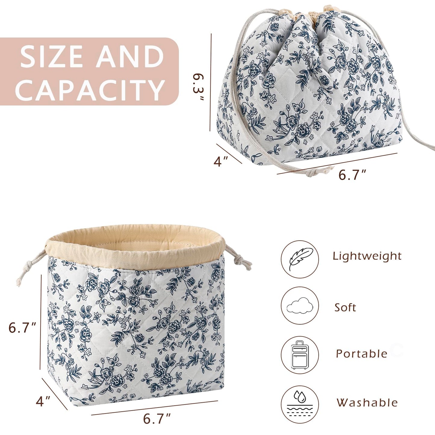uekeboag Cotton Quilted Drawstring Makeup Bag with Canvas Lining,Coquette Aesthetic Cute Travel Toiletry Bag,Drawstring Gift Bag for Women and Girls（16Dark Blue）
