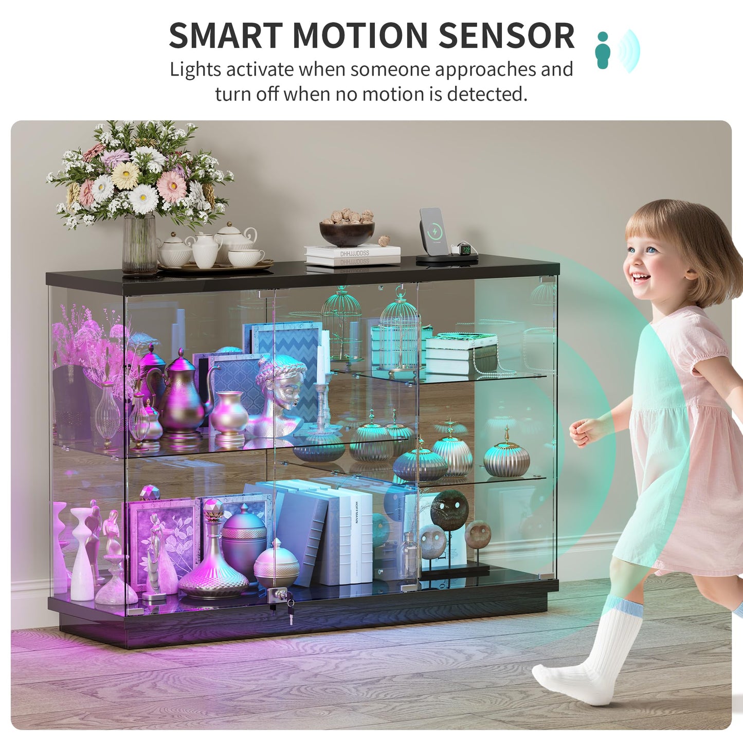 HNEBC 47.2" W Display Cabinet - with Lockable Glass Door,5-Tier Glass Display Case with 12 Lights Modes for Collectibles,Lighted Cuiro Cabinet with Human Sensor,China Cabinet,Living Room,Black