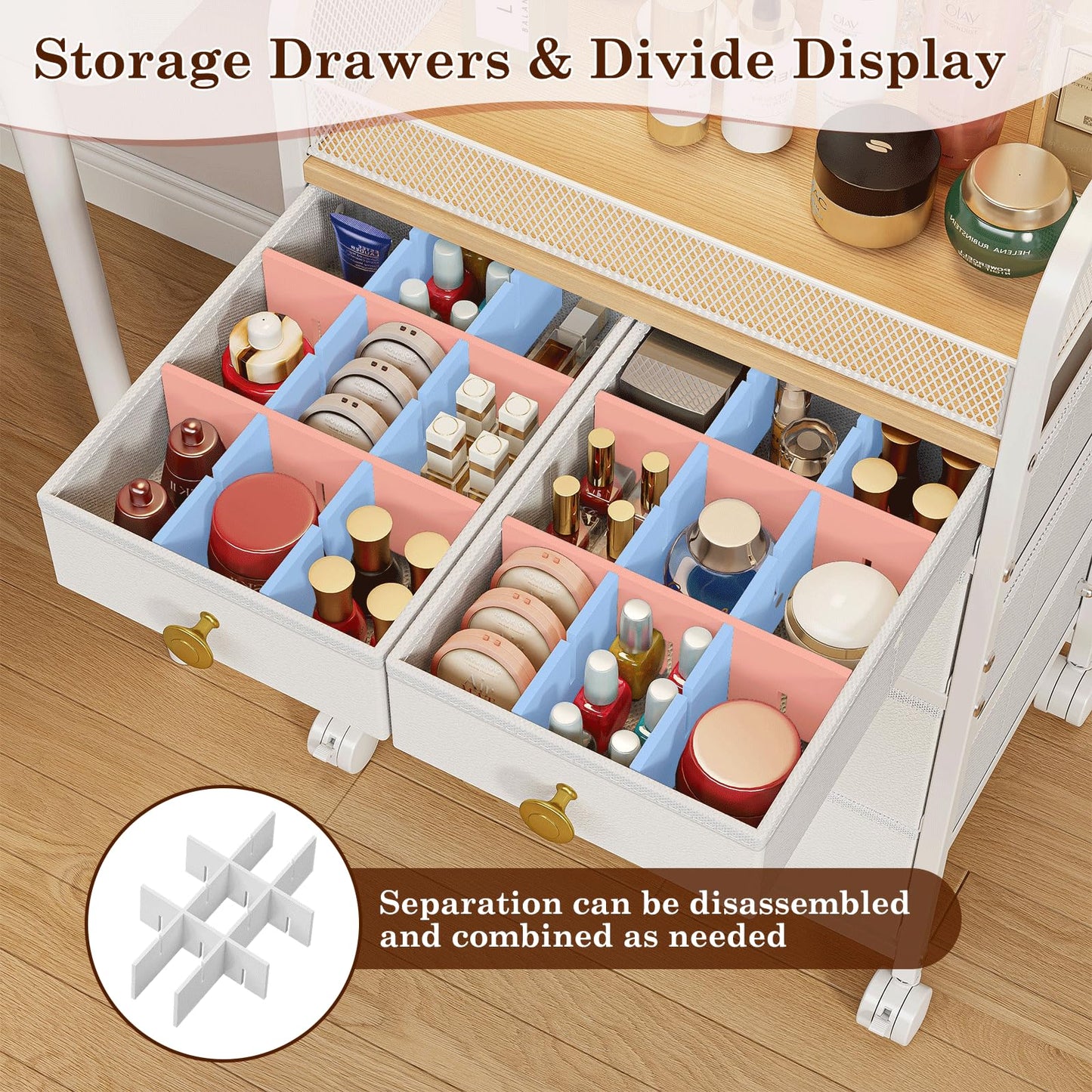 Uiithokyia Rolling Makeup Cart Organizer with 6 Drawers, Makeup Storage with Wheels, Floor Skincare Organizers Vanity Storage Organizer Cosmetics Display Cases for Skin Care Perfume Nail Polish, White