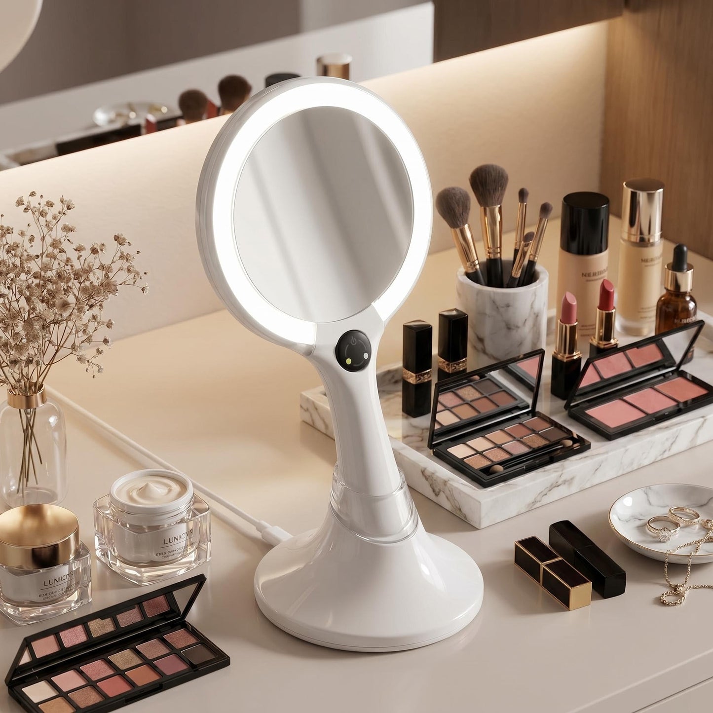 Starlite Handheld Rechargeable Lighted Makeup Mirror with Stand, 1X/5X Magnification, Dual Sided & Vanity Mirror with Bright and Warm Light, Cordless Rechargeable Mirror (White Colour)