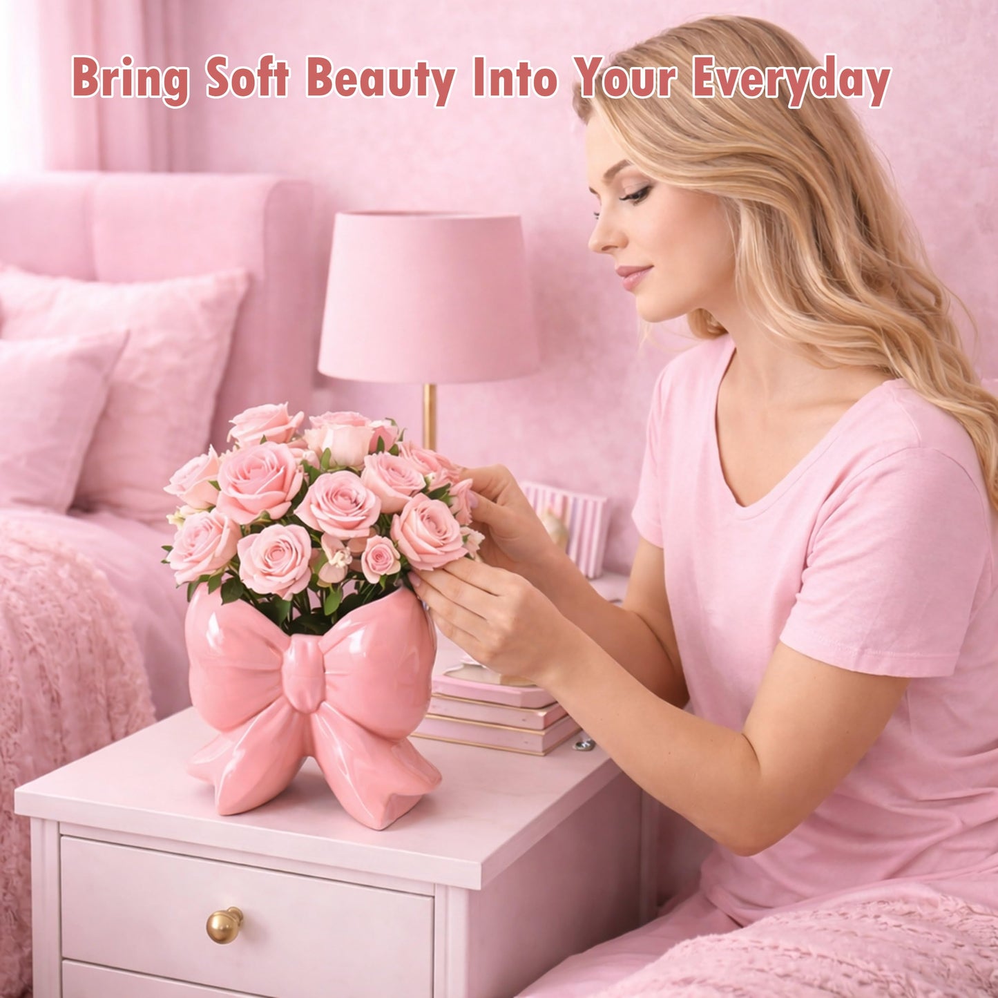 Pink Bow Toothbrush Holder, Ceramic Organizer Cup for Makeup Brushes & Pencils, Cute Small Bow Vase, Coquette Room Decor for Bathroom Vanity Desk Shelf, Gift for Women (Blush Pink)
