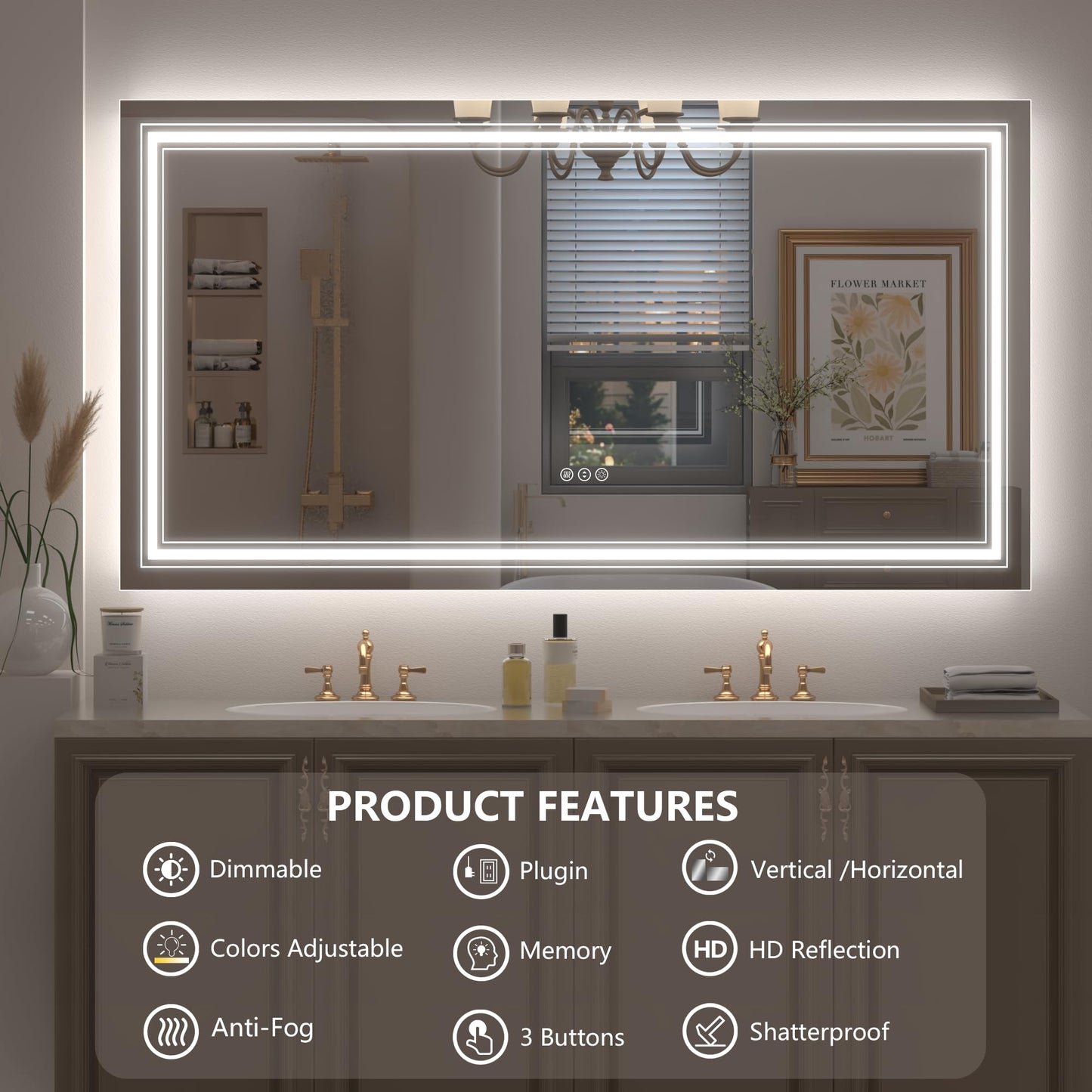 GOLOMO 66x36 LED Bathroom Mirror, Lighted Mirror for Bathroom Wall, Backlit and Front lit, Dimmable, Anti-Fog, Shatterpoof, Memory (Horizontal/Vertical)