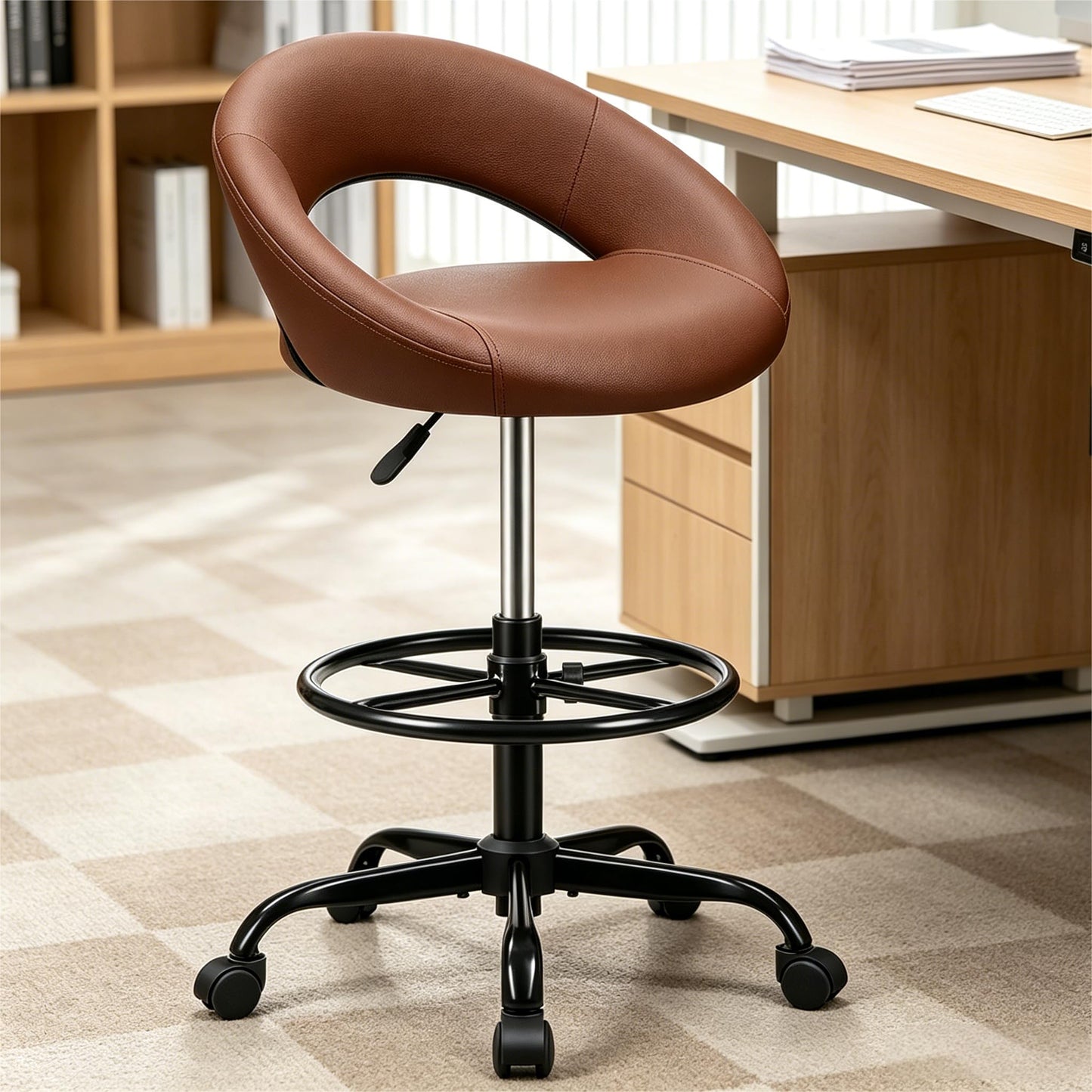 Stella Mia Bar Stool with Back Support – PU Leather Drafting Chair, Adjustable Foot Rest & Rolling Wheels, Swivel Tall Stool for Kitchen Island, Salon, Vanity, Standing Desk, Brown