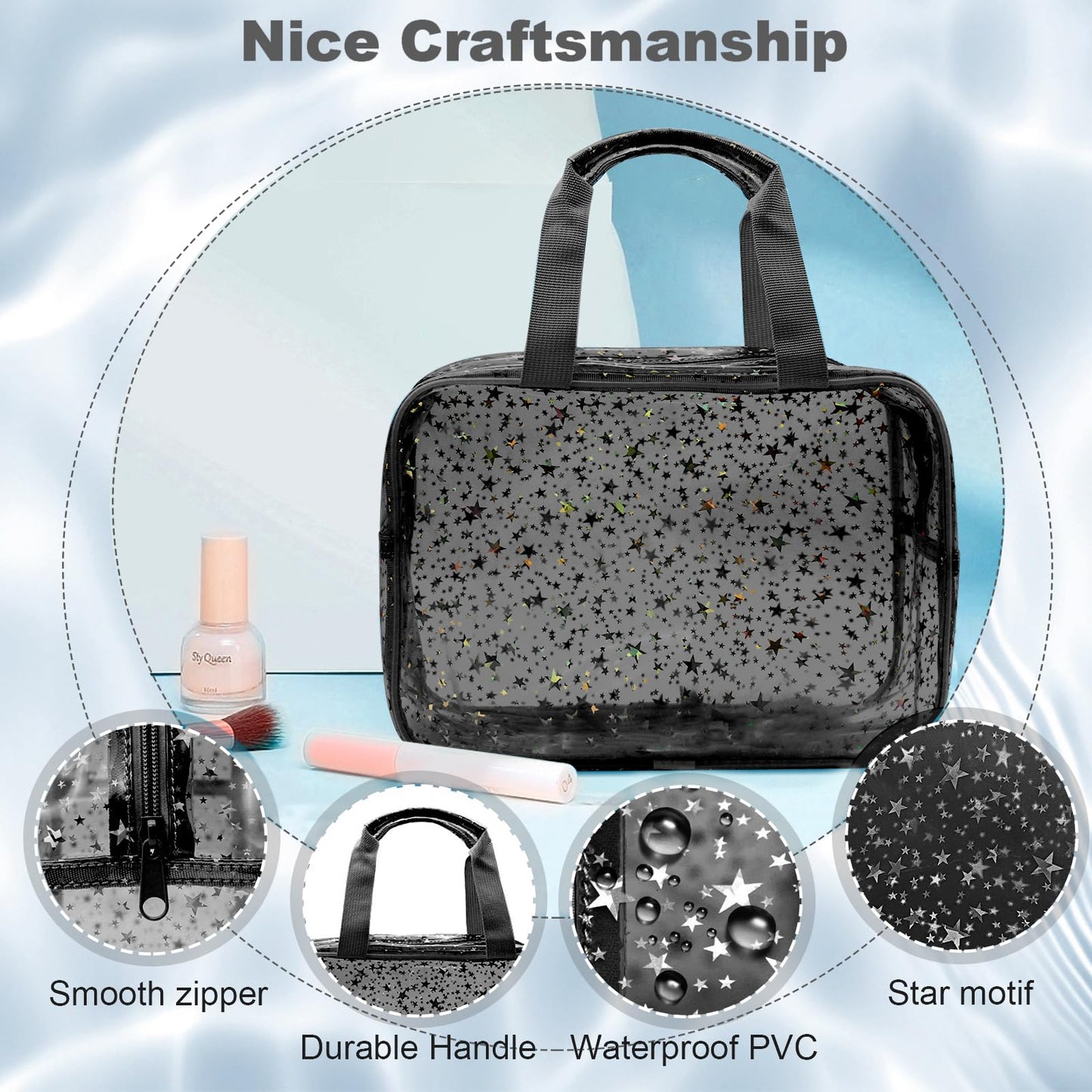 Junesters Clear Black Star Large Makeup Bag with Star Pattern 12x5x8 inch, Travel Cosmetic Bag with Handle, Durable PVC Material Washbag Zipper Opening Design for Makeup Travel Organizer or Gym Use