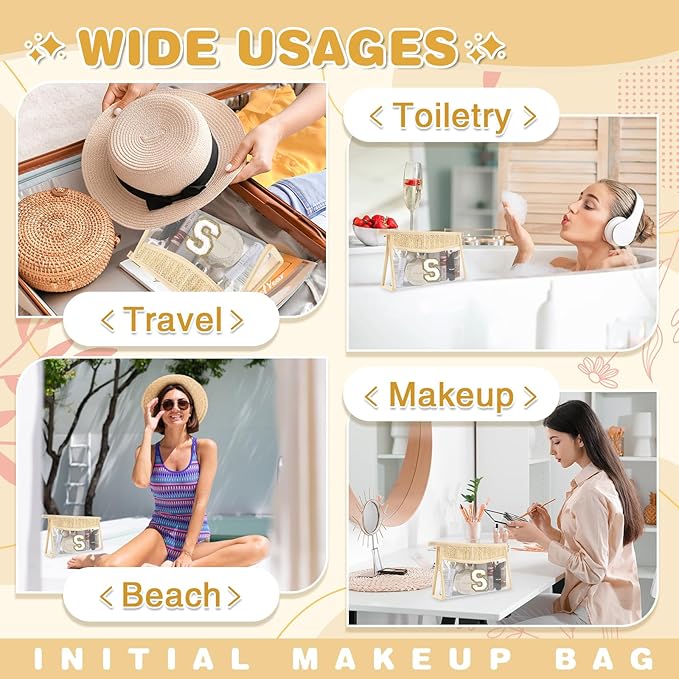 Personalized Initial Letter Bag Boho Straw Clear Makeup Bag,Small Cute Chenille Varsity Letter Bag With Zipper,Beach Travel Toiletry Bag,Portable Monogrammed Cosmetic Bag for Women Girls,S