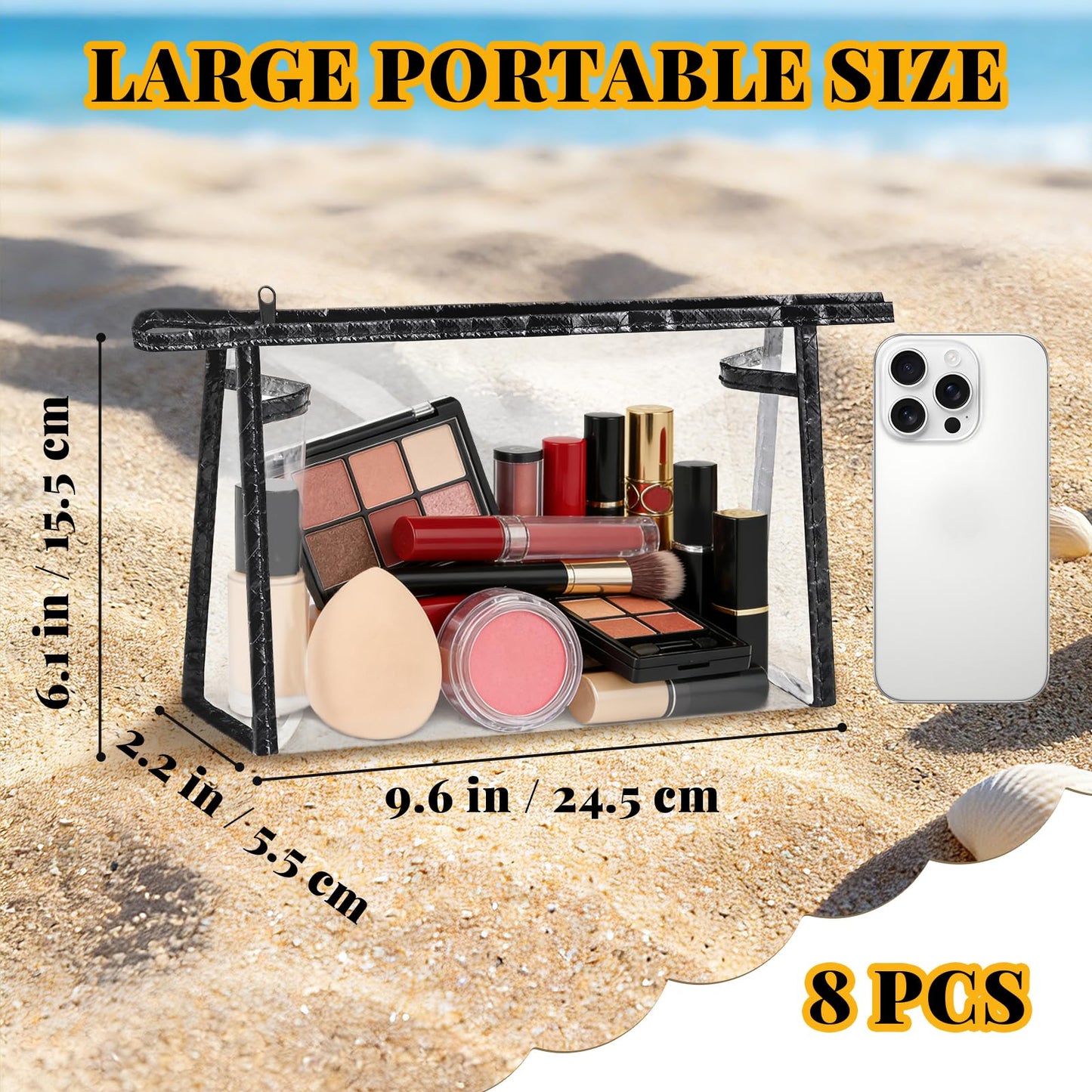 YedsIntu 8 Packs Clear Makeup Bags Cosmetic Bags Bulk Transparent Toiletry Bag Waterproof PVC Organizer Storage Pouches with Zipper for Men and Women Carry-on Travel Essentials (Black)