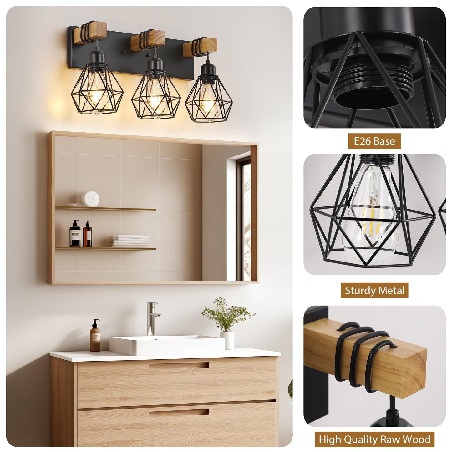 Farmhouse Vanity Light for Bathroom, 3-Light Wood Bathroom Vanity Light Fixtures Over Mirror, Black Rustic Sconces Wall Lighting with Metal Lampshade for Living Room, Bedroom, Hallway