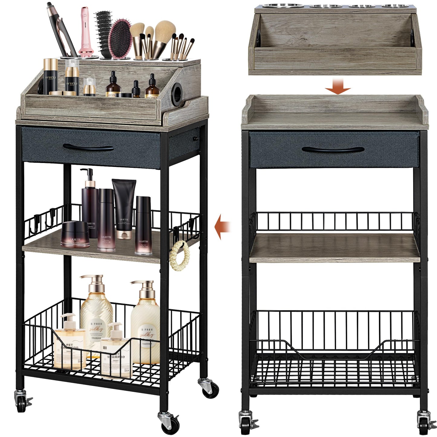 NauwaBarn Makeup Organizer Cart Large, 2-in-1 Beauty Organizer with Wheels & Hair Tool Holder, Makeup Stand with Drawer, Vanity Storage Cosmetics Display Cases for Skin Care Nail Polish Perfume-Black