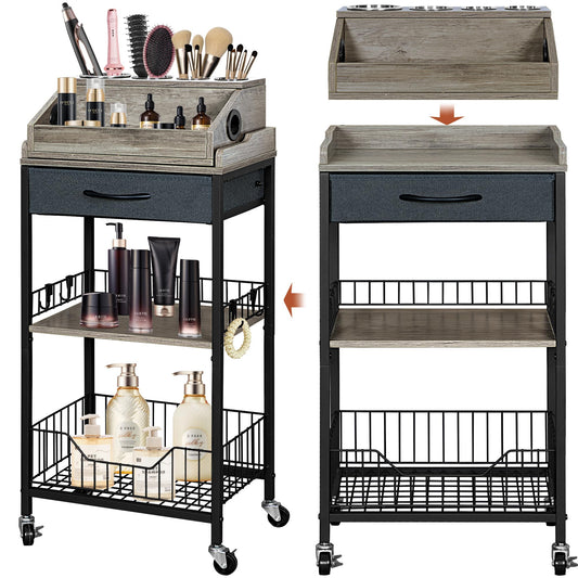 NauwaBarn Makeup Organizer Cart Large, 2-in-1 Beauty Organizer with Wheels & Hair Tool Holder, Makeup Stand with Drawer, Vanity Storage Cosmetics Display Cases for Skin Care Nail Polish Perfume-Black