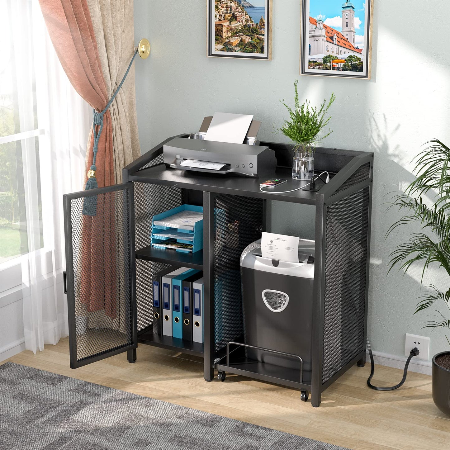 Unikito File Cabinet with Paper Shredder Stand On Wheel, Modern Vertical Filing Cabinet with Socket and USB Charging Port, Large Printer Stand with Adjustable Storage Shelf Rack for Home Office, Black