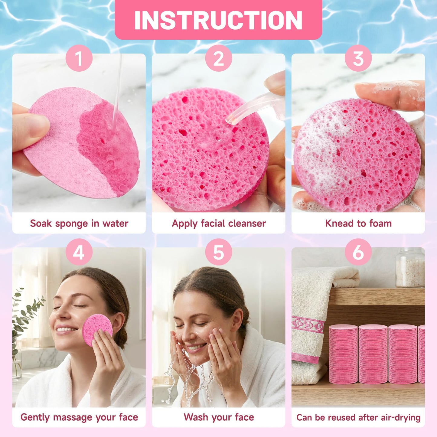 320-Count Compressed Facial Sponges|Kickleen 100% Natural Cellulose Cosmetic Spa Sponges for Daily Facial Cleansing|Makeup And Mask Removal|Exfoliating|Skin Massage|Pore Exfoliation (Pink)