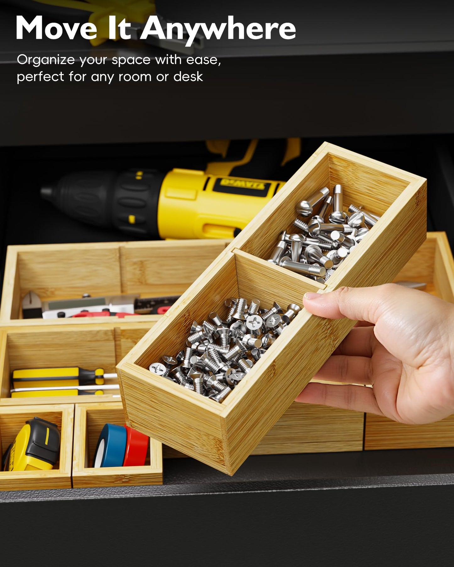 VA1KENE Bamboo Drawer Organizer Set, 6 PCS Desk Drawer Organizer Trays with 12 Compartments, Wood Storage Boxes for Junk Drawer, Kitchen Utensils, Office Supplies, Makeup, Jewelry, Bathroom