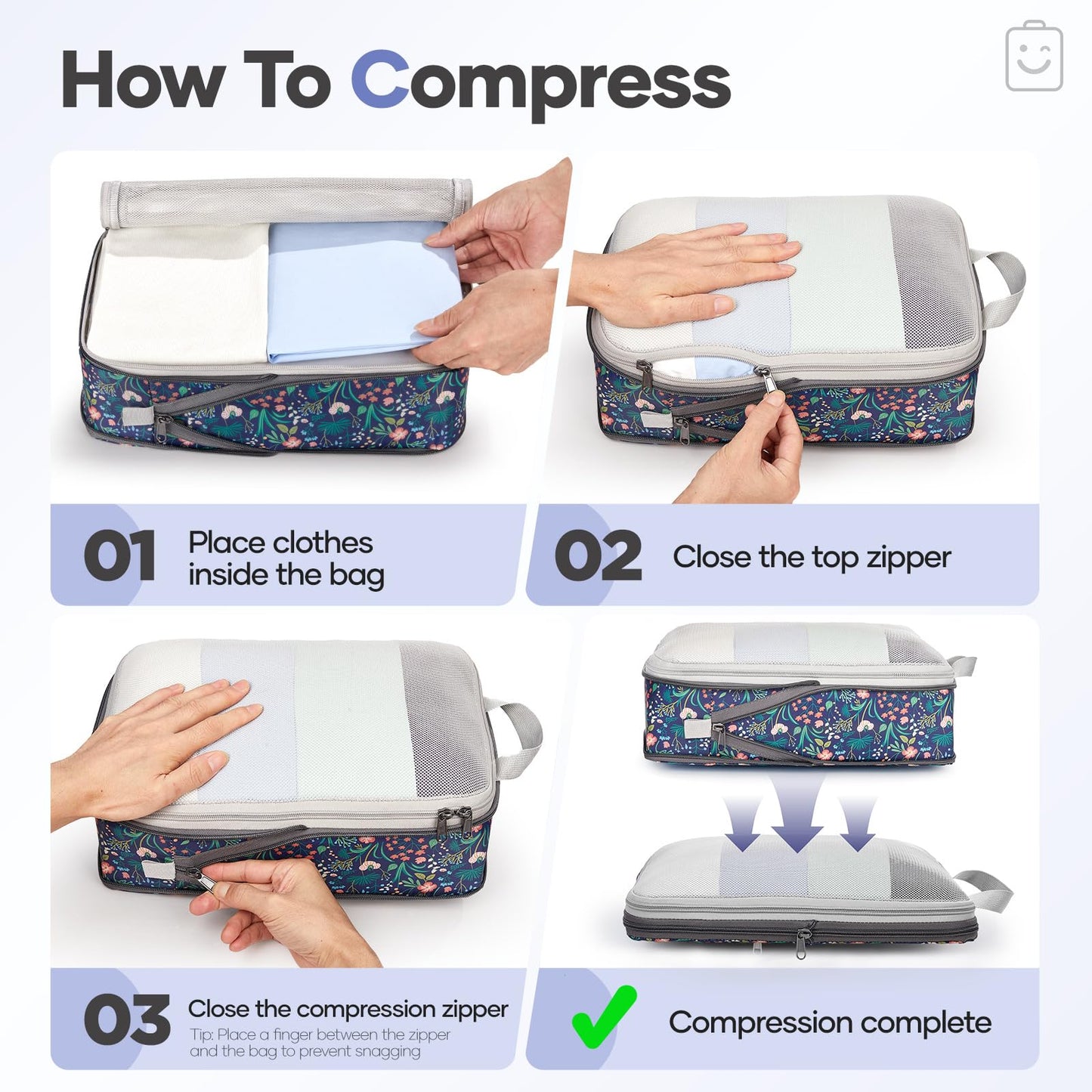 Veken 9/11 Set Compression Packing Cubes for Travel Essentials,Compressible Expandable Luggage Suitcase Organizer Bags for Clothing,Space Saver Bags with Over 1000 pcs of Mesh Holes(Dark Blue Floral)