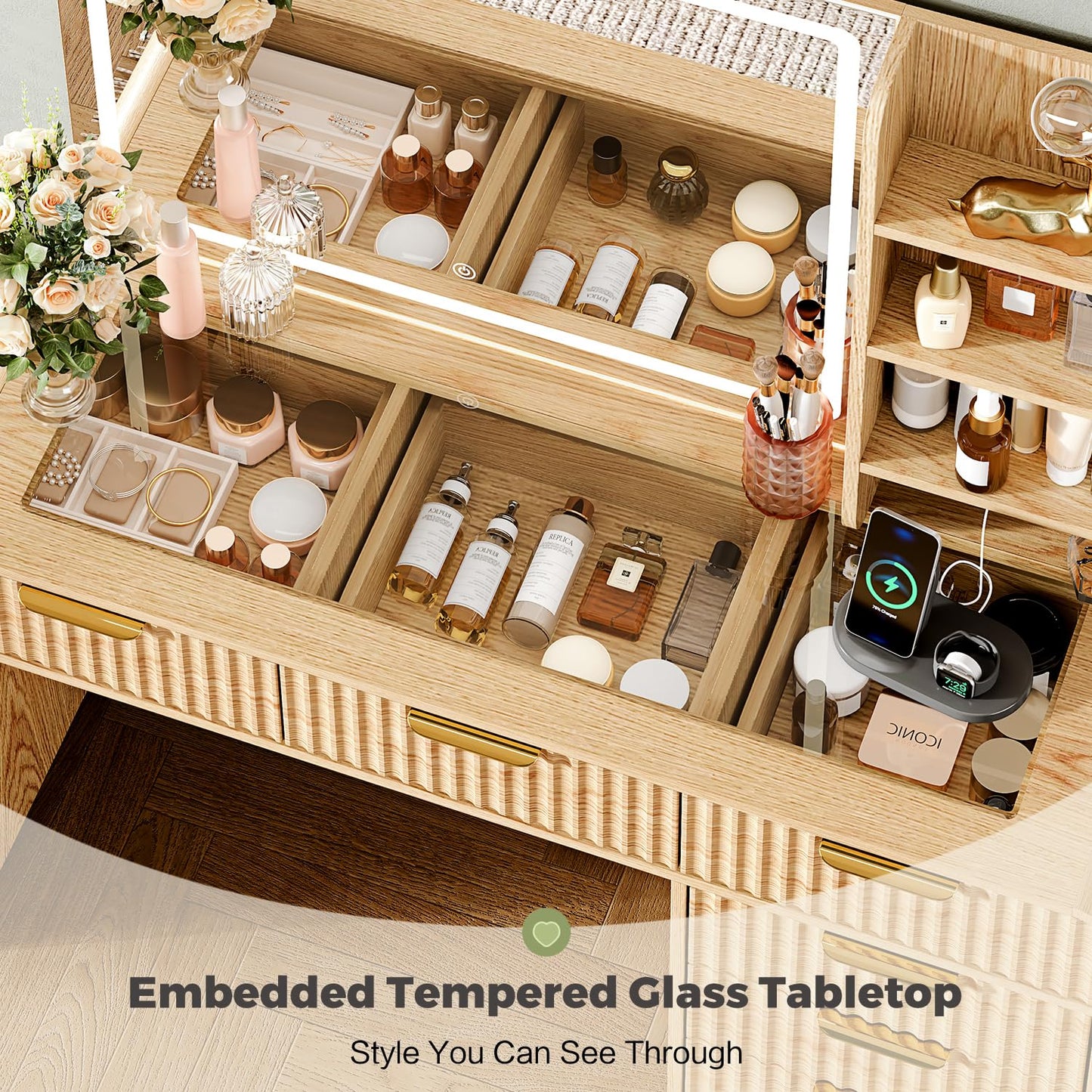 GRUTEUNIT 47.2" Makeup Vanity with 44.8" Mirror and Lights, Modren Vanity Desk with 7 Drawers,Vanity Table with Glass Top, Dressing Table with Charging Station for Women and Girls,Bedroom(Natural)