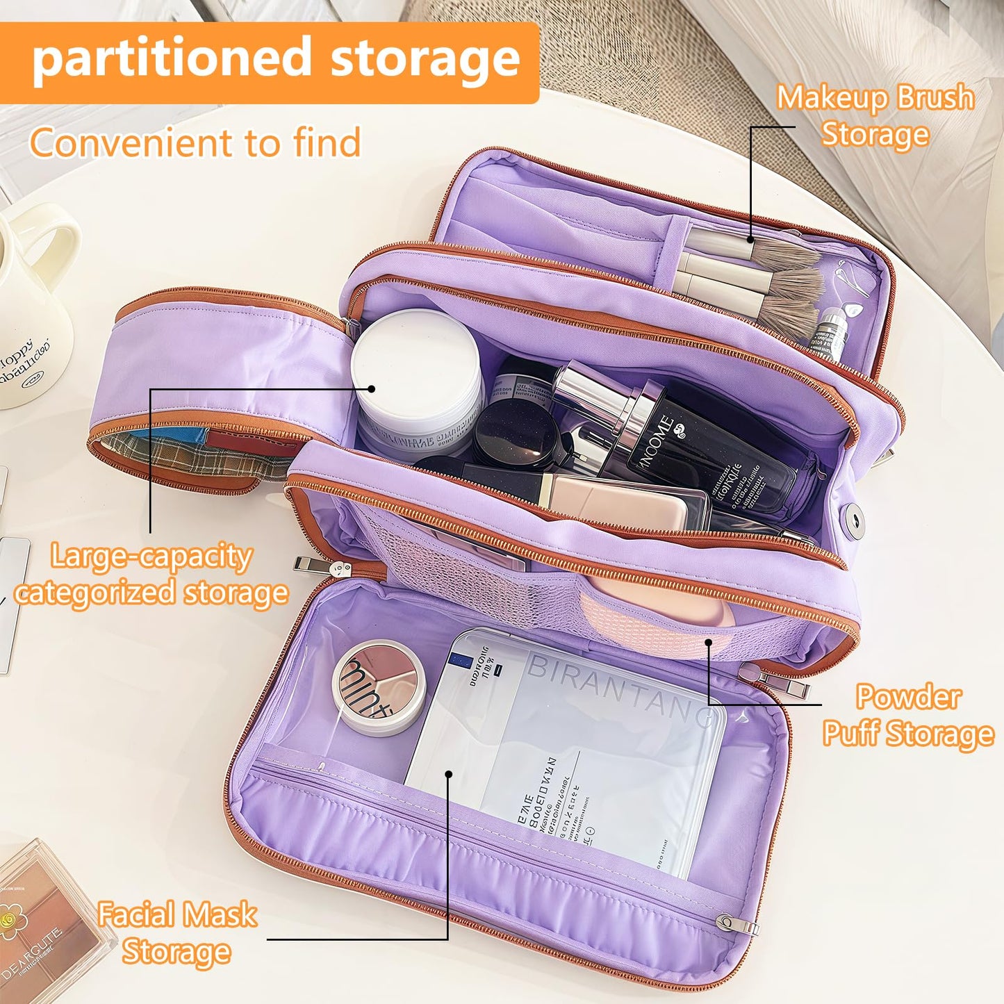 Cozomga 3 - Layer Large - Capacity Makeup Cosmetic Toiletry Bag with Double Zippers & Wide Opening, Portable Travel Organizer for Cosmetics & Toiletries，Purple
