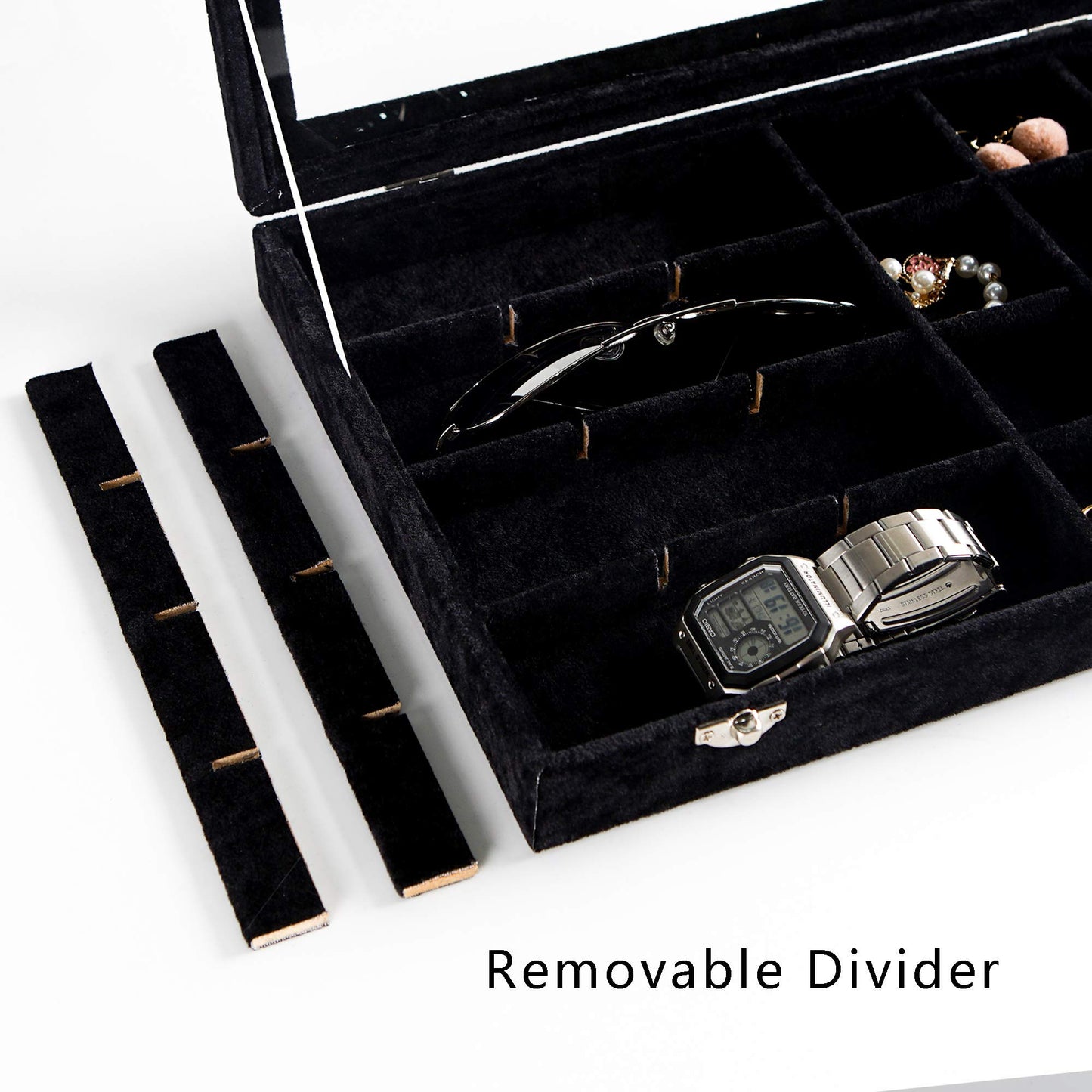 Frebeauty 24 Grid Earring Holder Organizer Tray, Jewelry Organizers and Storage for Drawer,Velvet Jewelry Display Storage for Earrings,Rings,Studs,10.5 x 6.5 x 1.2 Inches Gift for Women (Black)