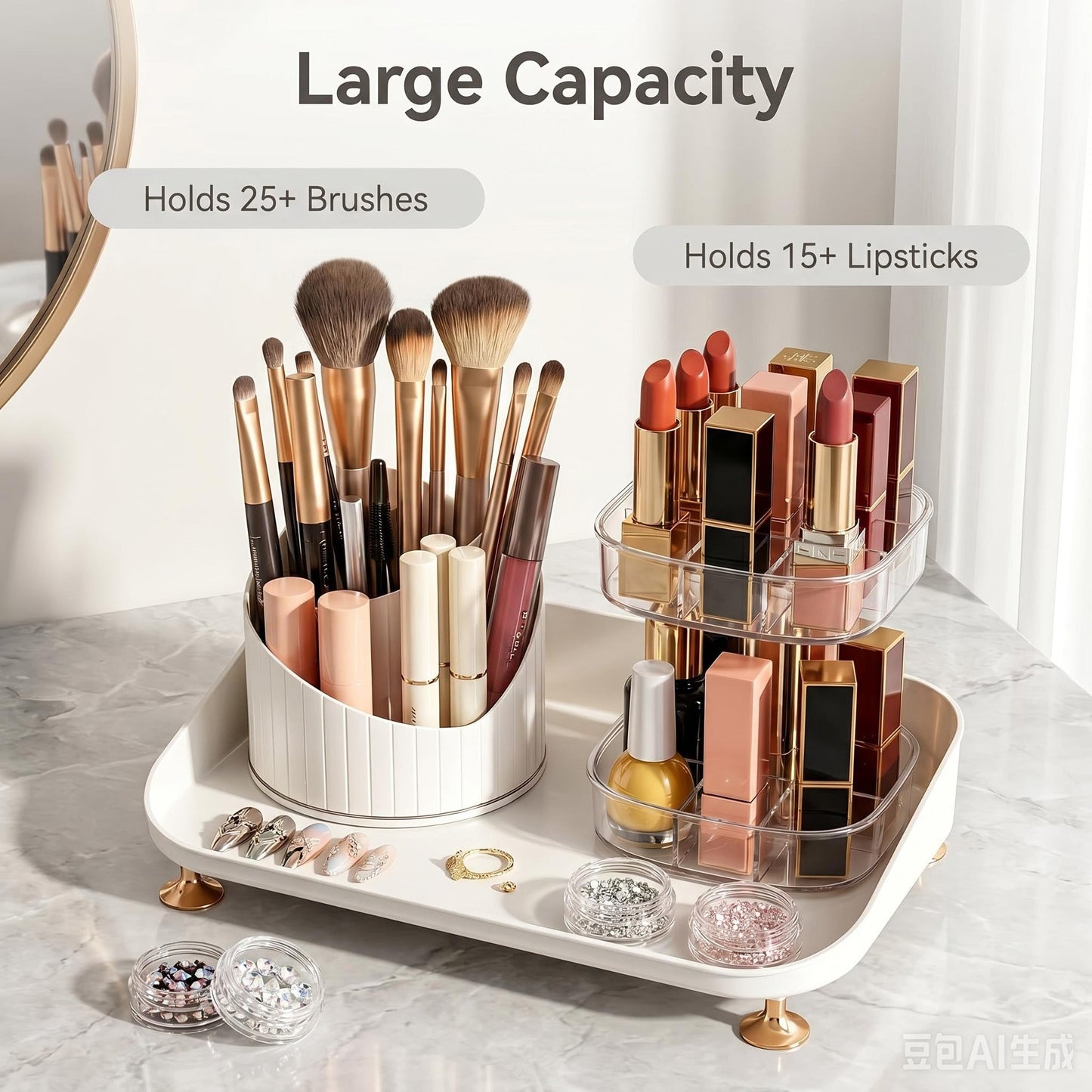 Bazhahei 3IN1 Dustproof Rotating Makeup Organizer with Birdcage Lid, 360° Spin Makeup Brush & Lipstick Storage Holder for Vanity Dresser: Ideal for Press-On Nails & Tiny Jewelry