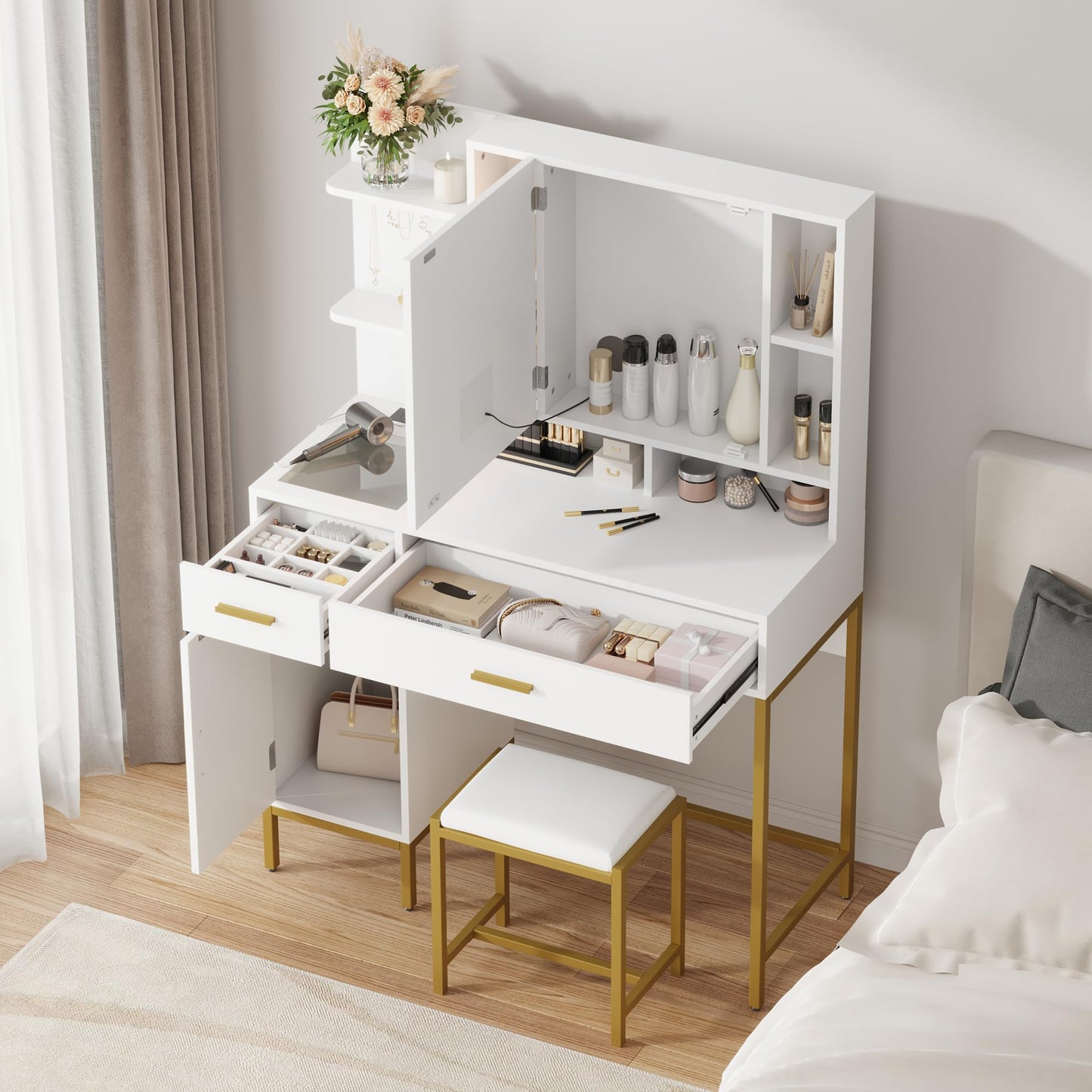 GAOMON 42.5" Makeup Vanity Desk with Mirror - Vanity Table with Stool, Charging Station, 3 Lighting Colors, Visible Drawers Storage Shelves, Dressing Table for Bedroom - White