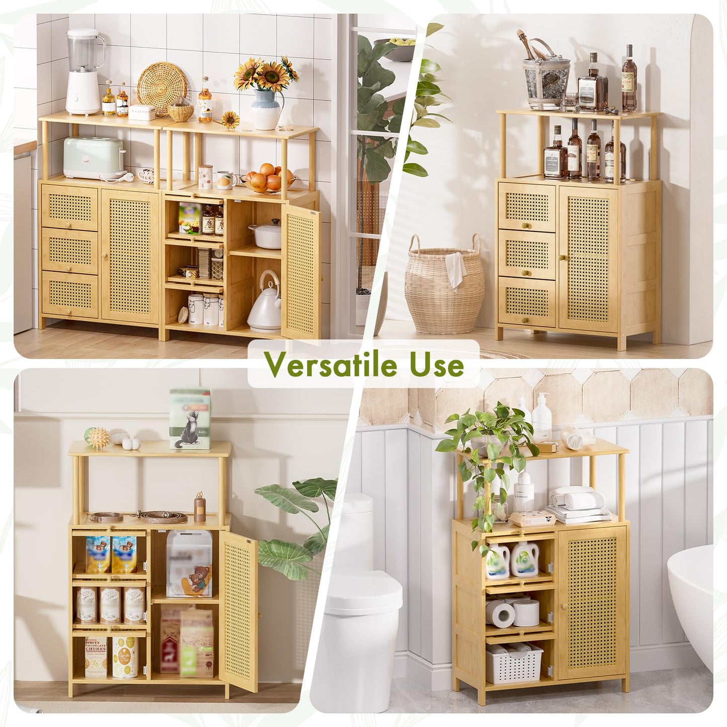 Amazer Sideboard Buffet Cabinet with Storage, Bamboo Storage Cabinets, Rattan Sideboard with Adjustable Shelf, Pantry Cupboard for Kitchen Living Room Entry Coffee Bar, Natural Color
