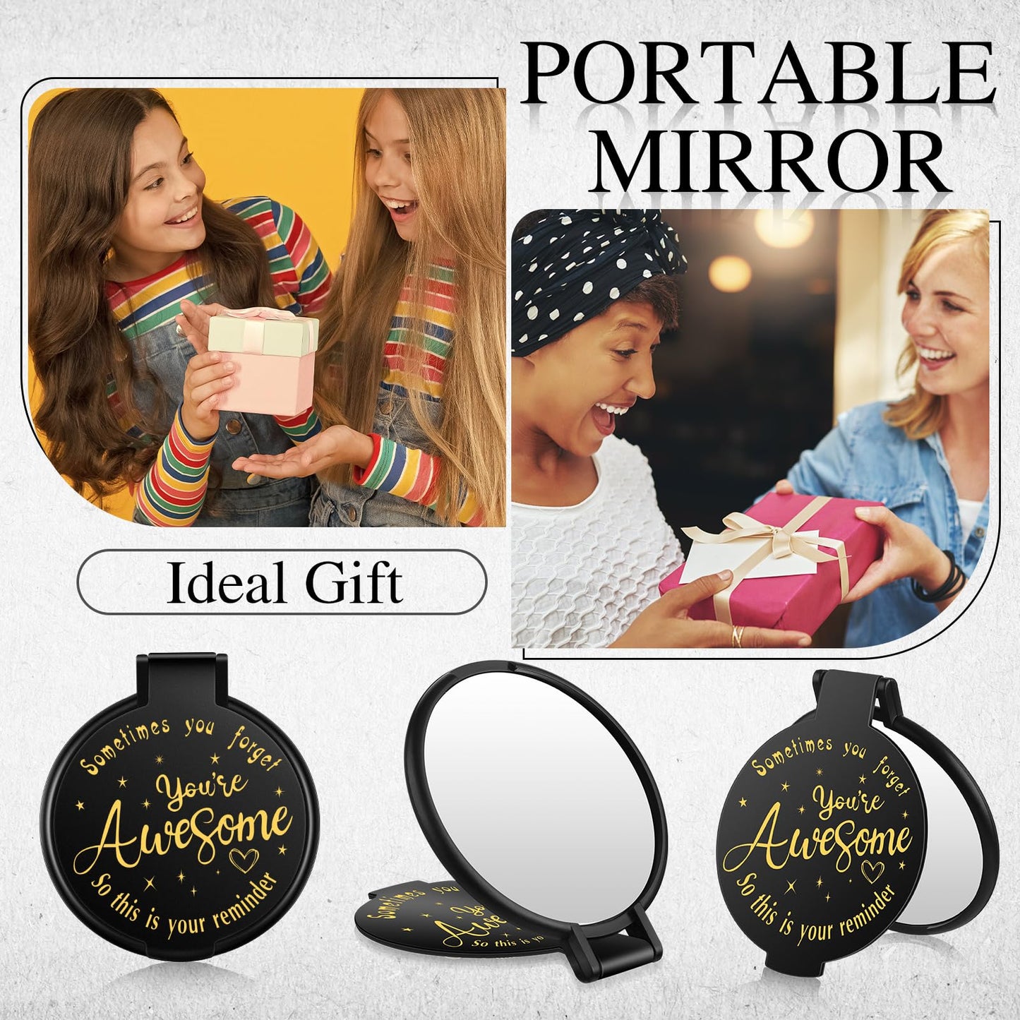 Huwena 100 Pcs Inspirational Compact Mirror Bulk Mini Gifts Women Round Purse Pocket Mirror, Mothers Day Employee Appreciation Gifts, Wedding Party Favors for Guests(Black,Awesome)
