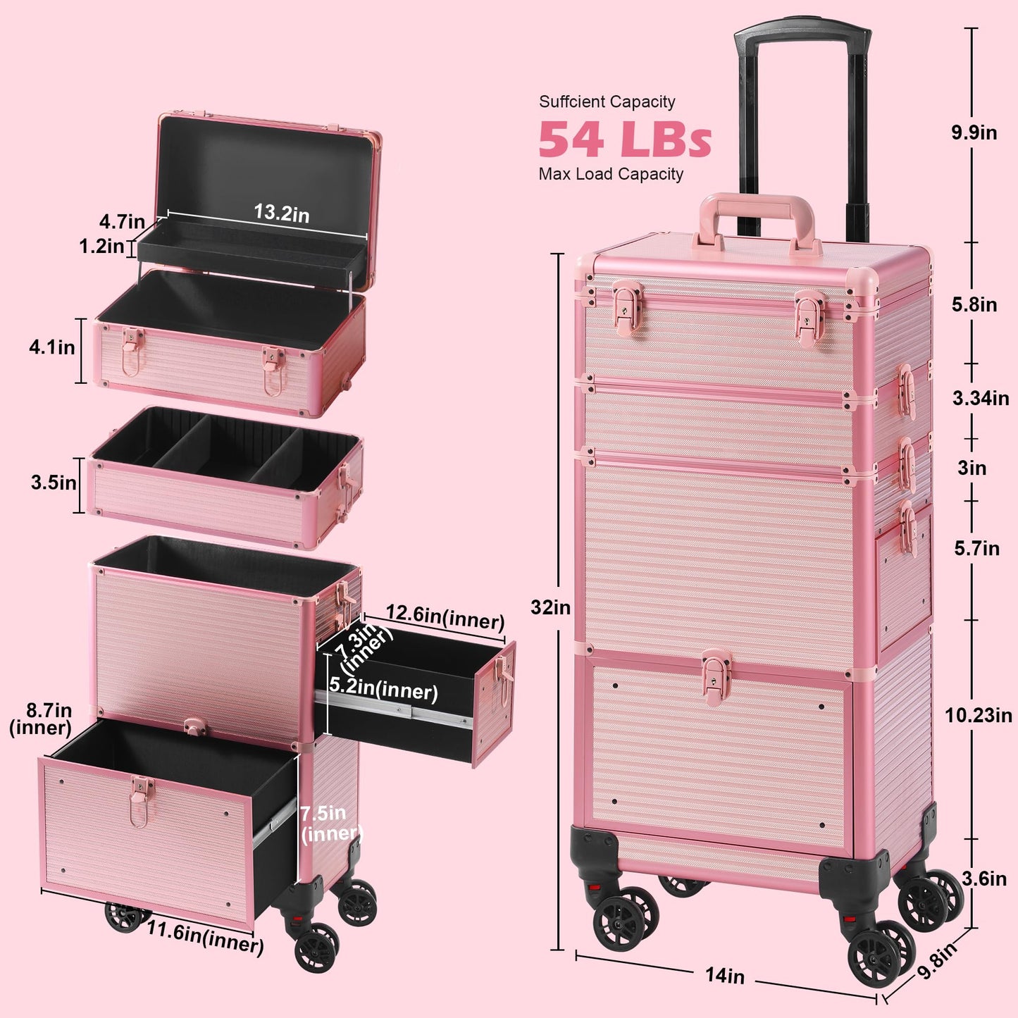 Somduy Makeup Train Case with Drawer, Rolling Makeup Case, Cosmetology Case on Wheels, Gift, Travel Makeup Organizers, Profesional Cosmetic Case for Salon Barber,Nail,Tattoo, Pink