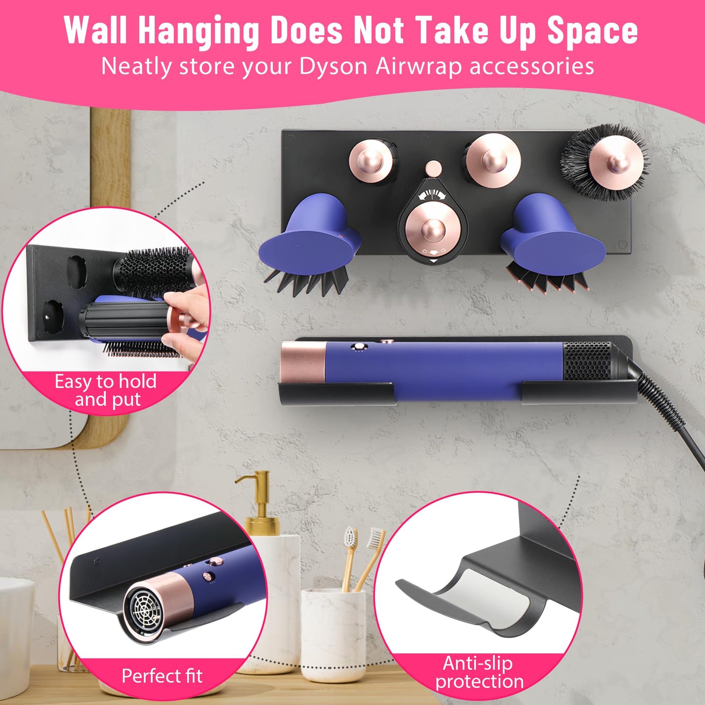 MyLifeUNIT Storage Holder for Dyson Airwrap Curling Iron New Complete, Metal Wall Mount for Dyson Air Wrap Accessories Organizer with Non-Slip Silicone Pad for Bathroom Bedroom Hair Salon Barbershop