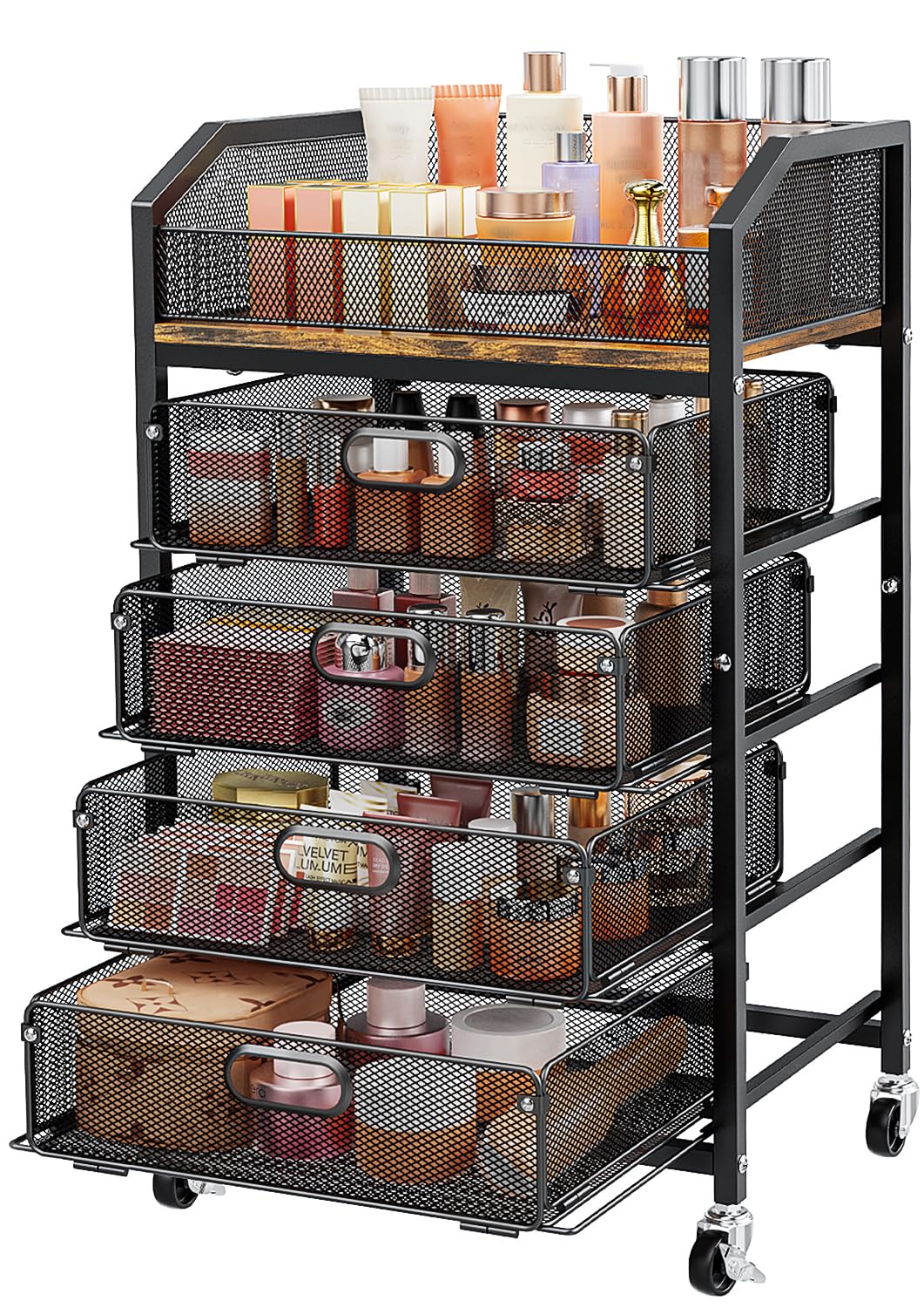 SUNALLY Makeup Organizer Cart with 4 Drawers, Rolling Makeup Storage Cart Metal Skincare Organizers, Large Vanity Storage Organizer Cosmetics Display Cases for Skin Care Perfume Nail Polish, Black